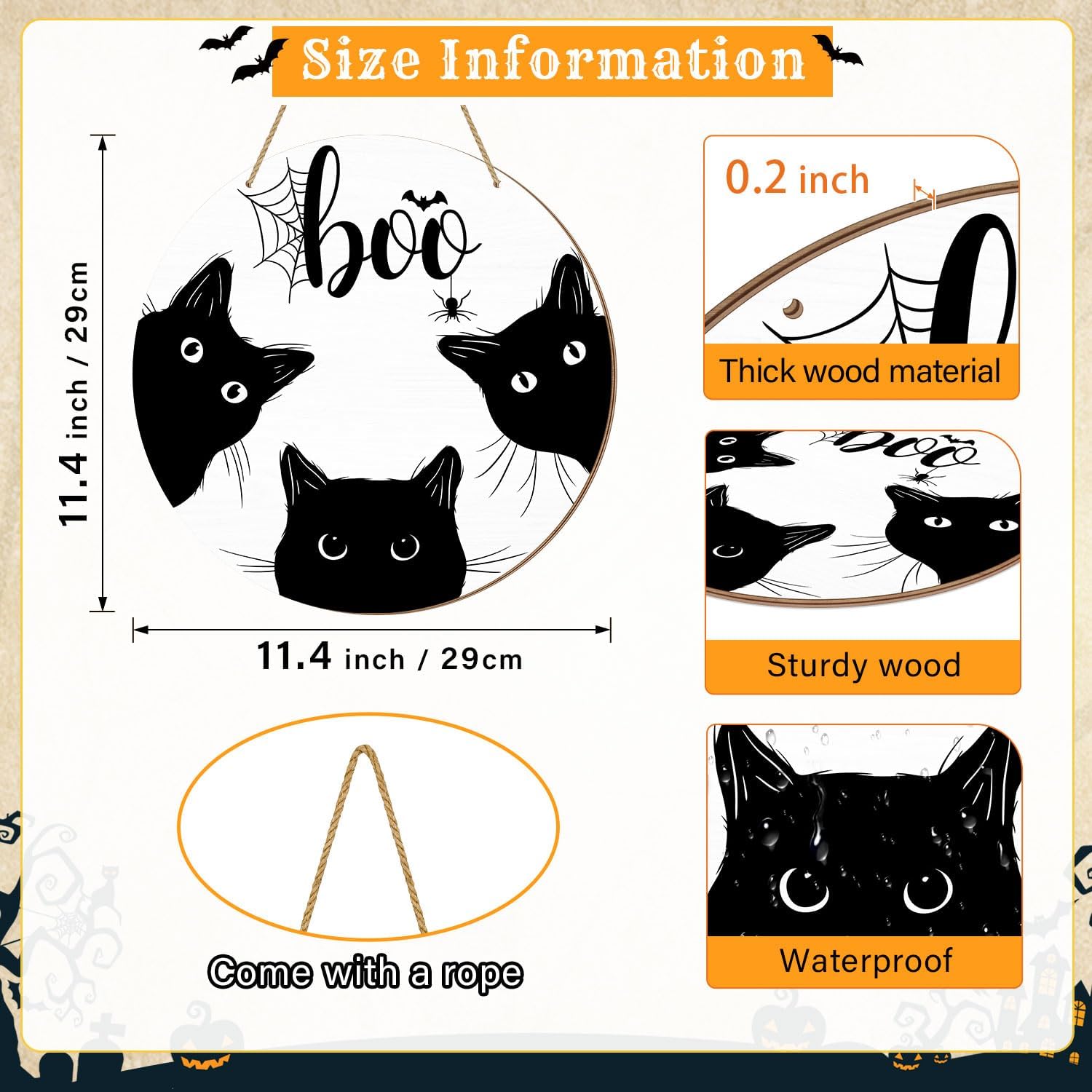Halloween Black Cat Door Sign with BOO Text