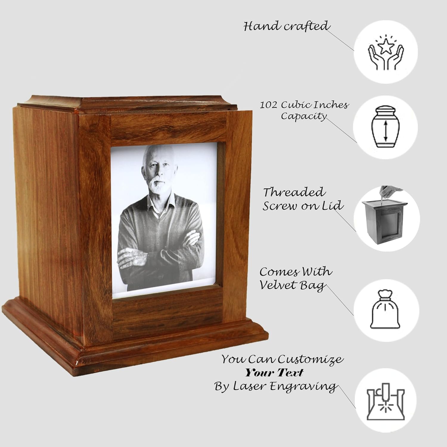 Elegant Medium Rosewood Cremation Urn with Photo Frame