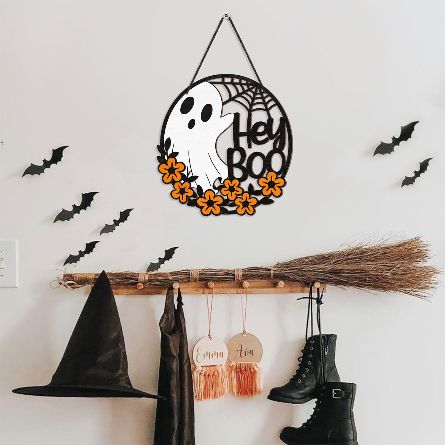 Halloween Hey Boo Ghost Flower Door Sign Decor