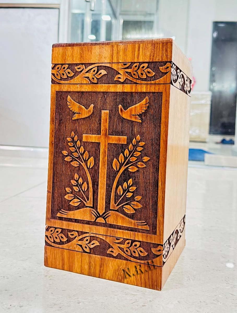 Carved Cross Jesus Book Rosewood Cremation Urn 11x6x6