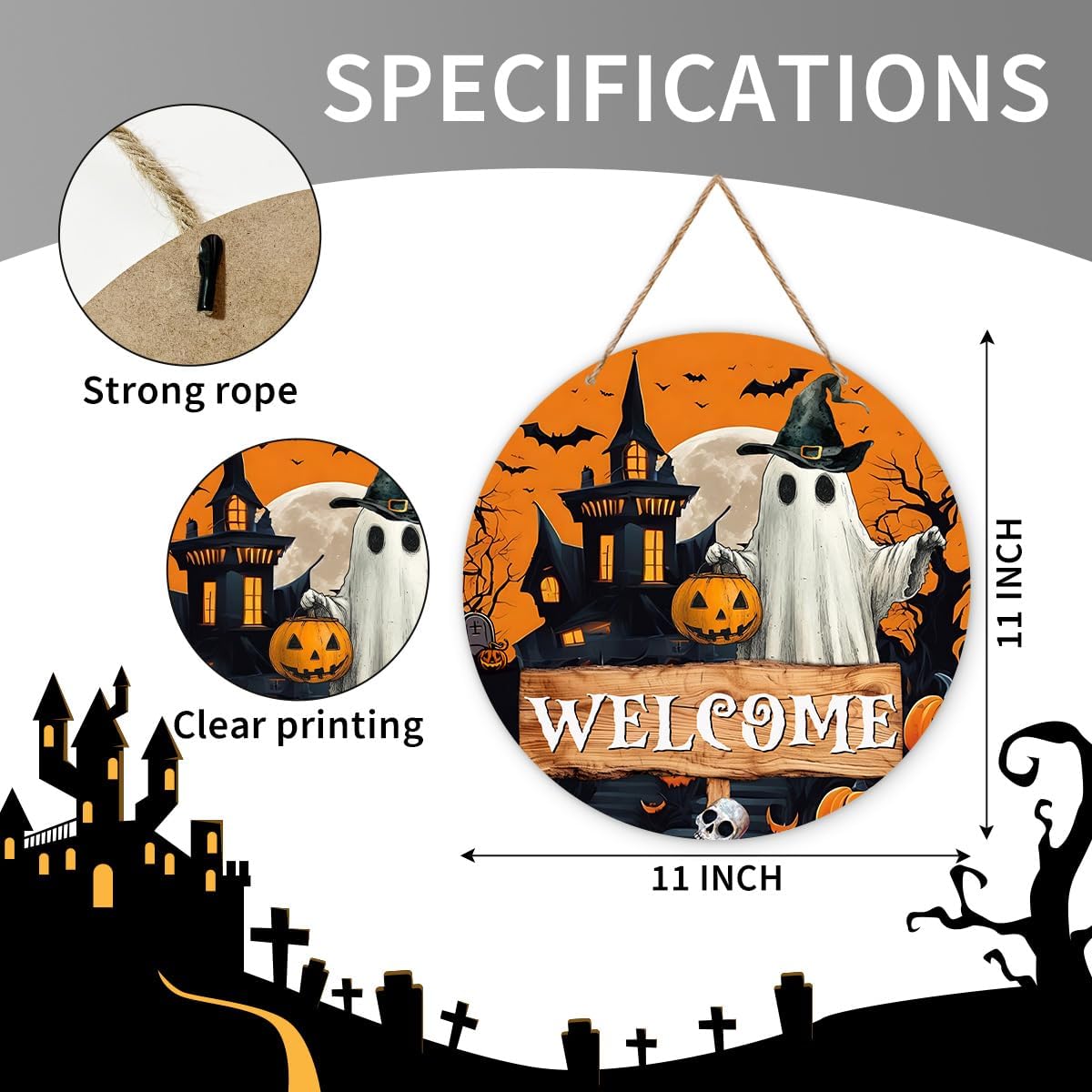 Zyoge Halloween Welcome Sign with Ghost and Pumpkin Design