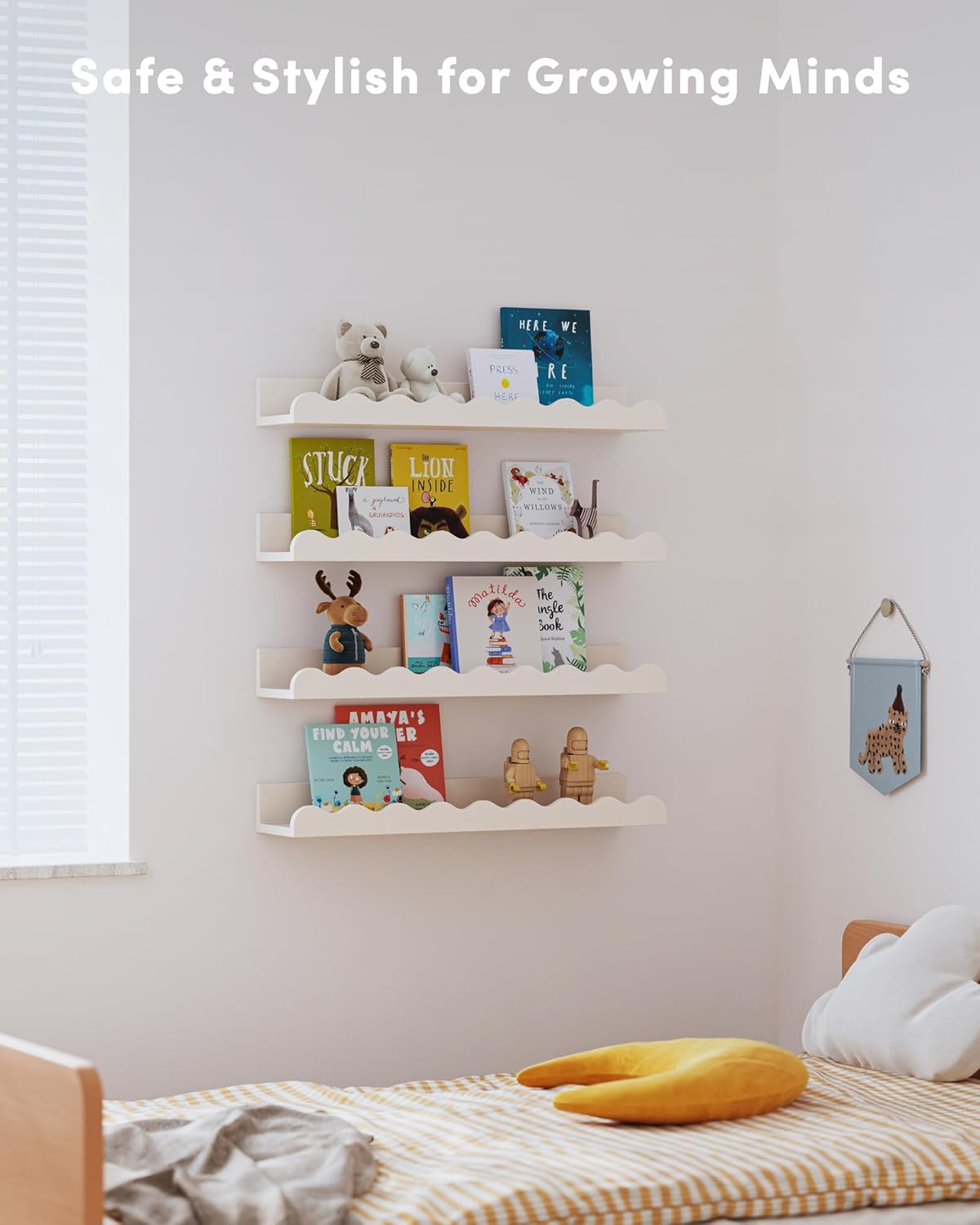 Kids Bookshelf Set of 4 White Floating Wall Shelves