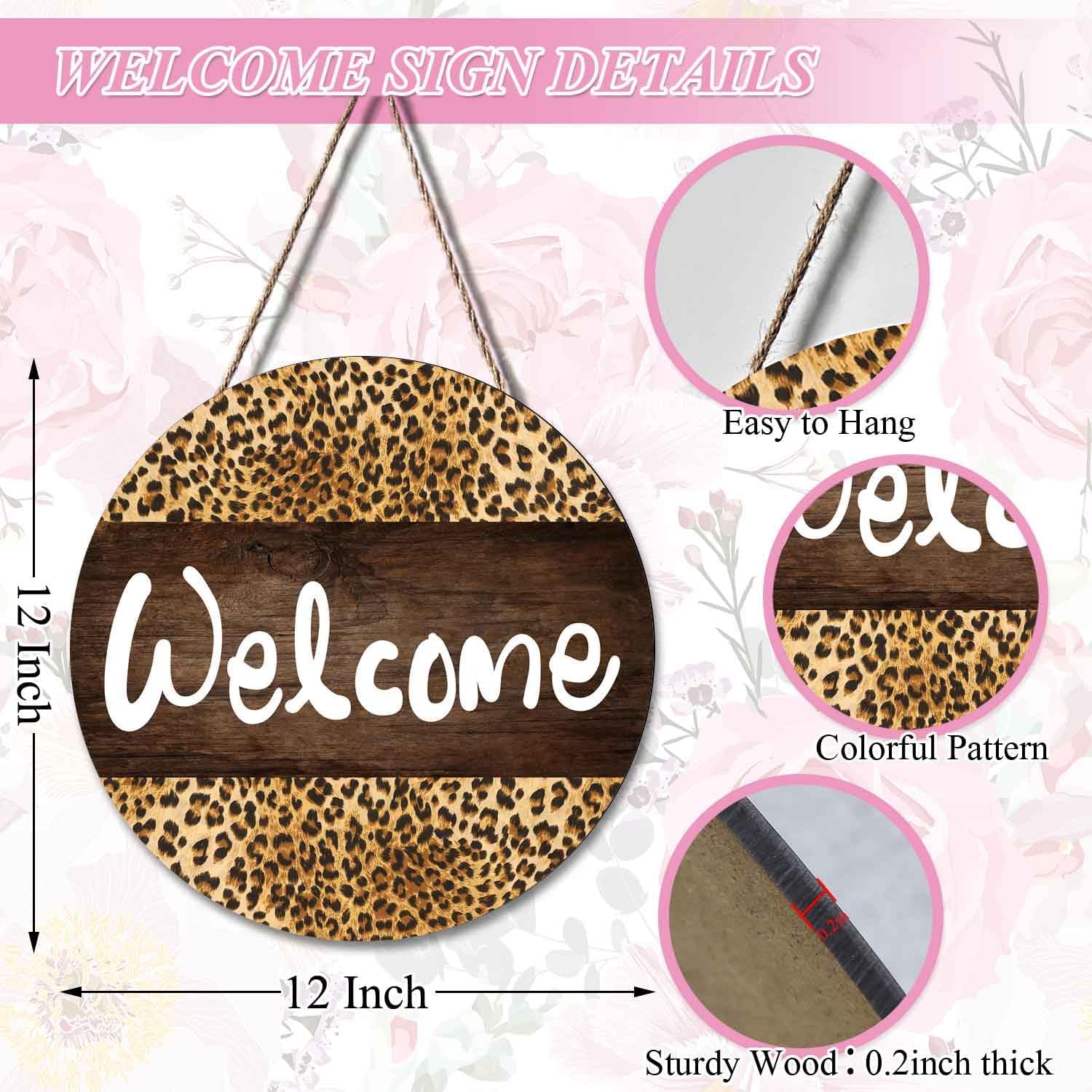 Welcome Leopard Wreath Door Sign 12x12 Inch