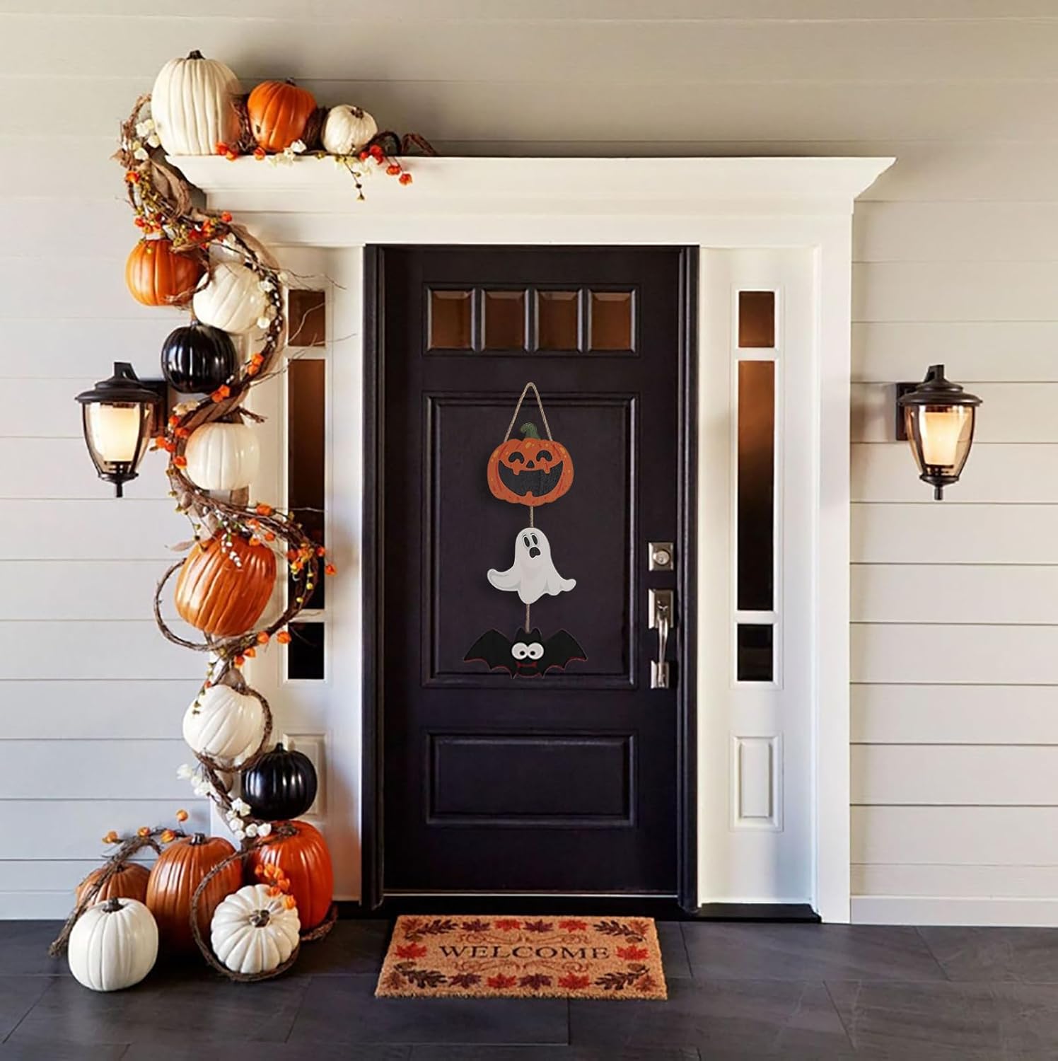 Halloween Wooden Door Hanger 3 Pack with Pumpkin Ghost Bat Design