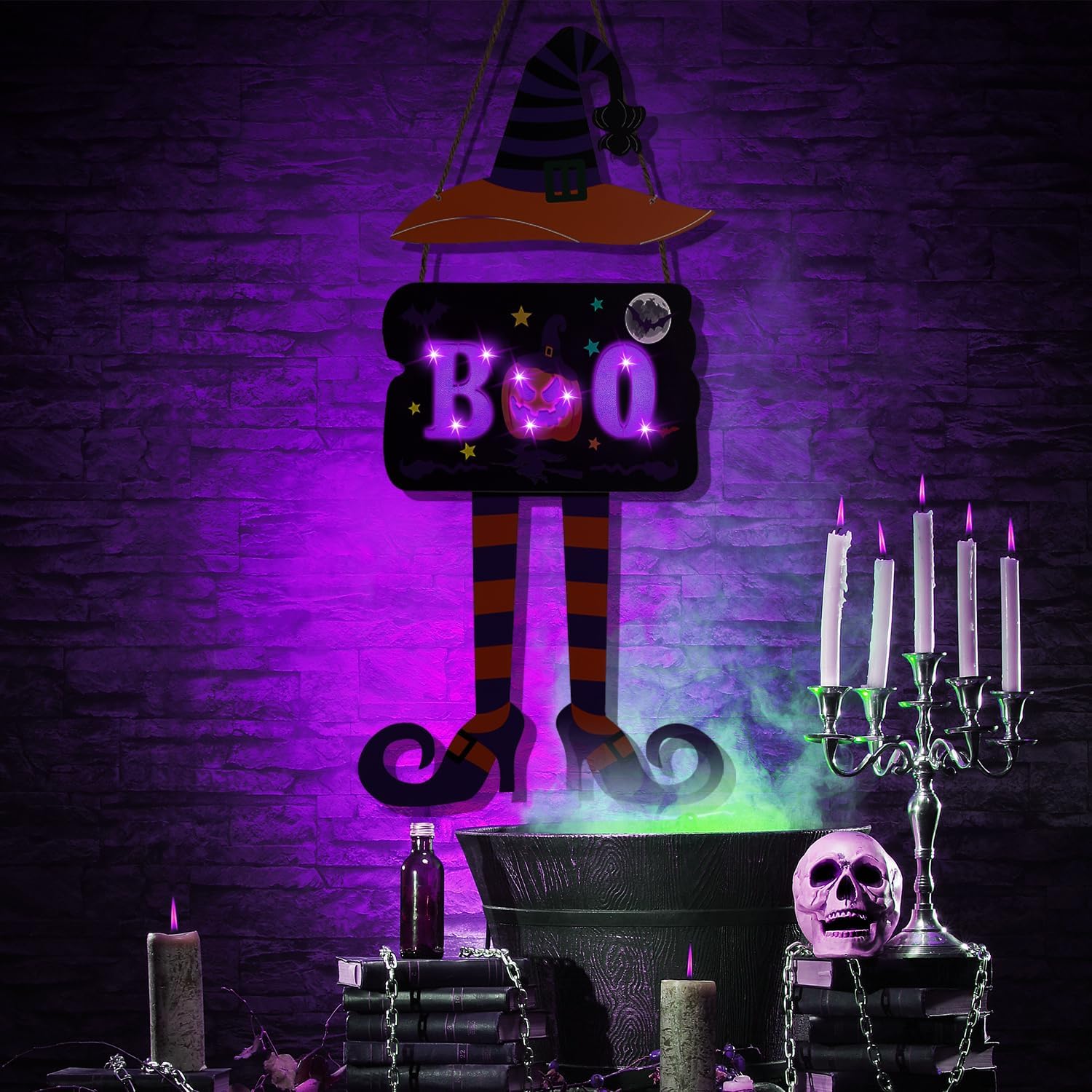 Halloween Witch Door Decorations with Timer Light