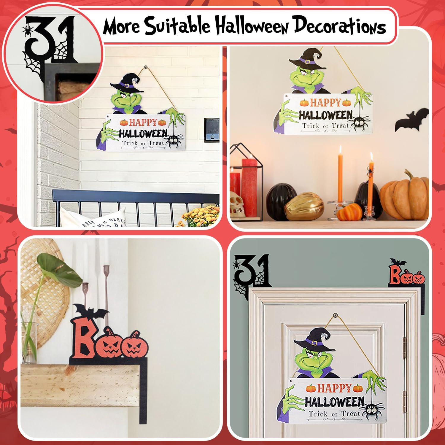 3PC Wooden Halloween Signs Front Door Wreath Decor
