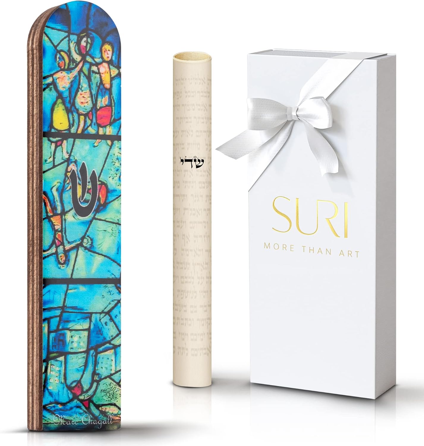 SURI Wooden Mezuzah with Turquoise Design 5 Easy Install Judaica