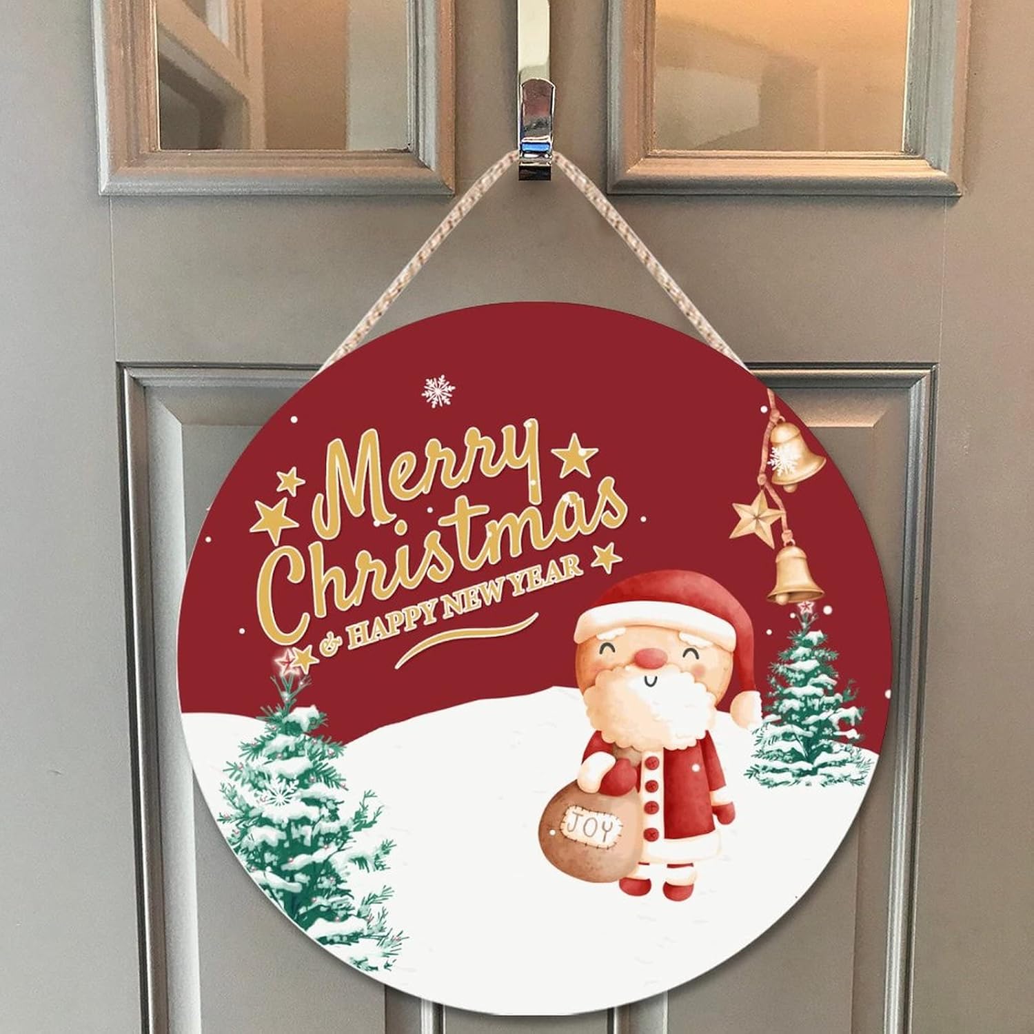 Merry Christmas Wood Door Hanger Decorative Sign 12x12in