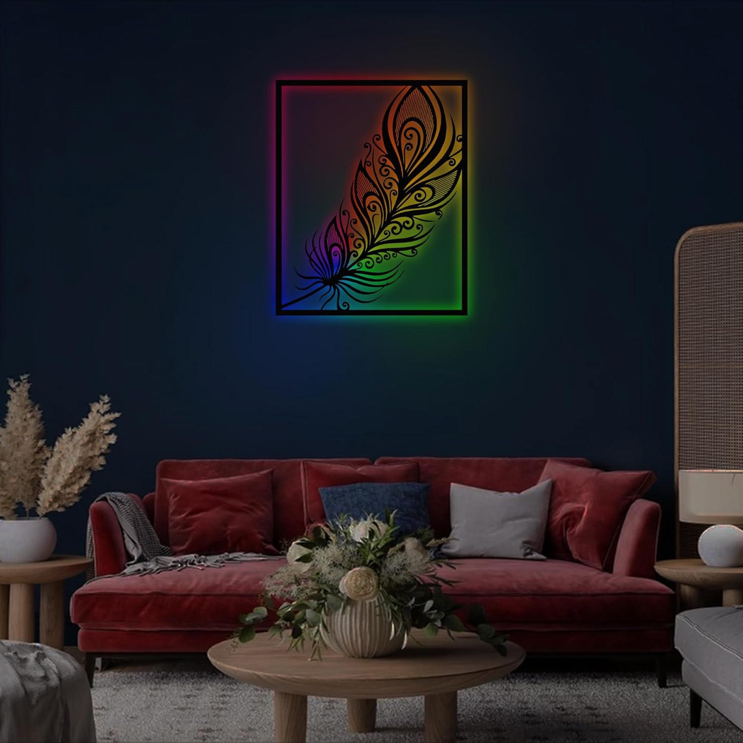 CNC Wood LED Feather Wall Art with RGB Control