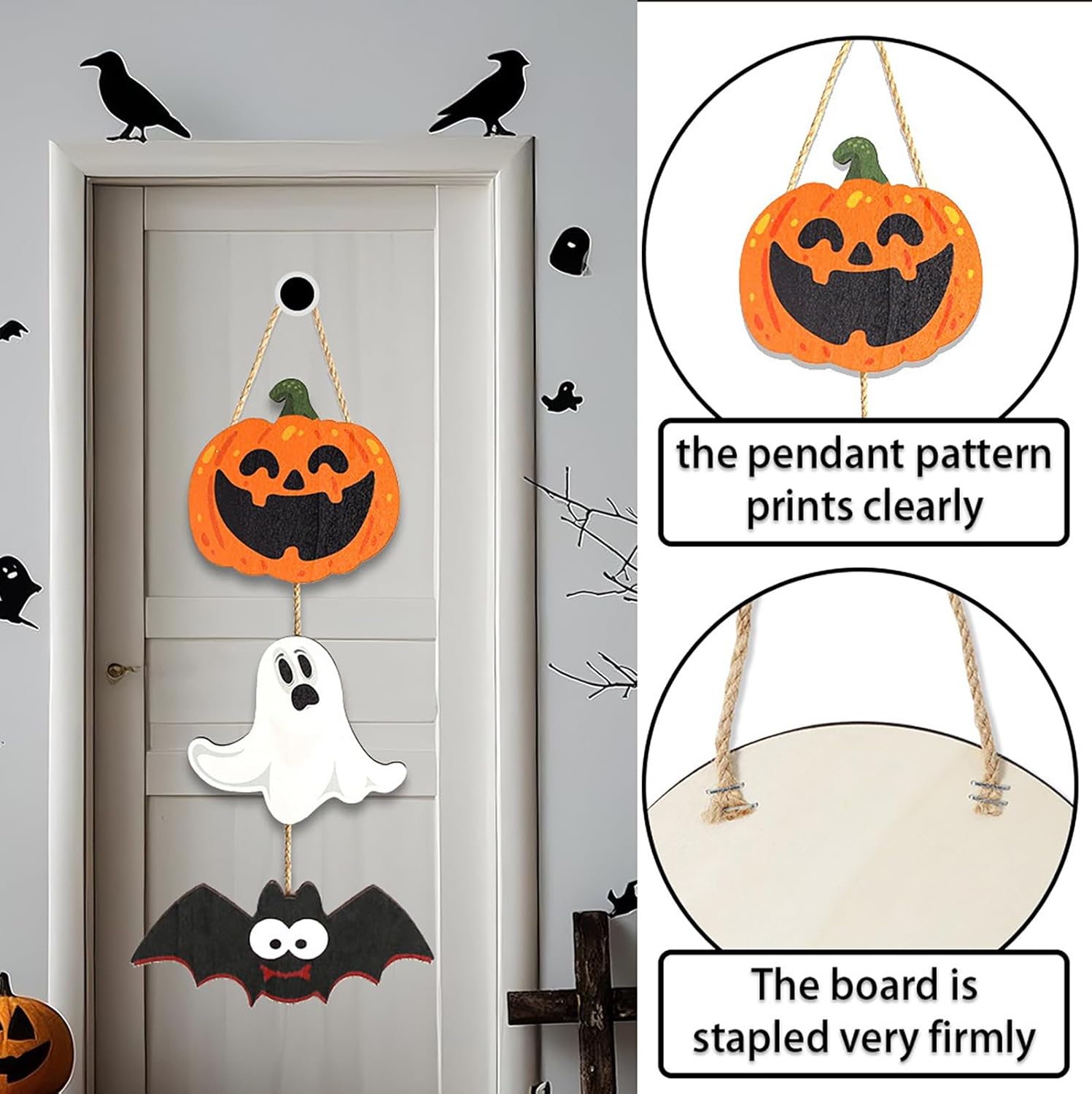 Halloween Wooden Door Hanger 3 Pack with Pumpkin Ghost Bat Design