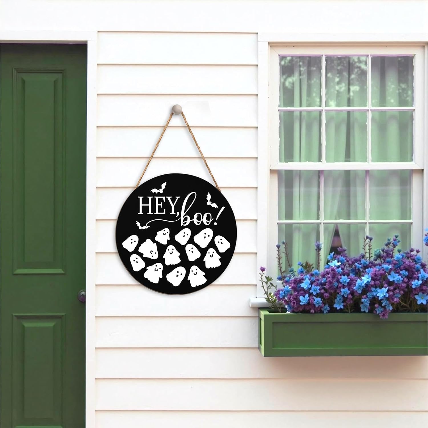Hey Boo Halloween Wreath 12x12 Inch Wood Door Hanger