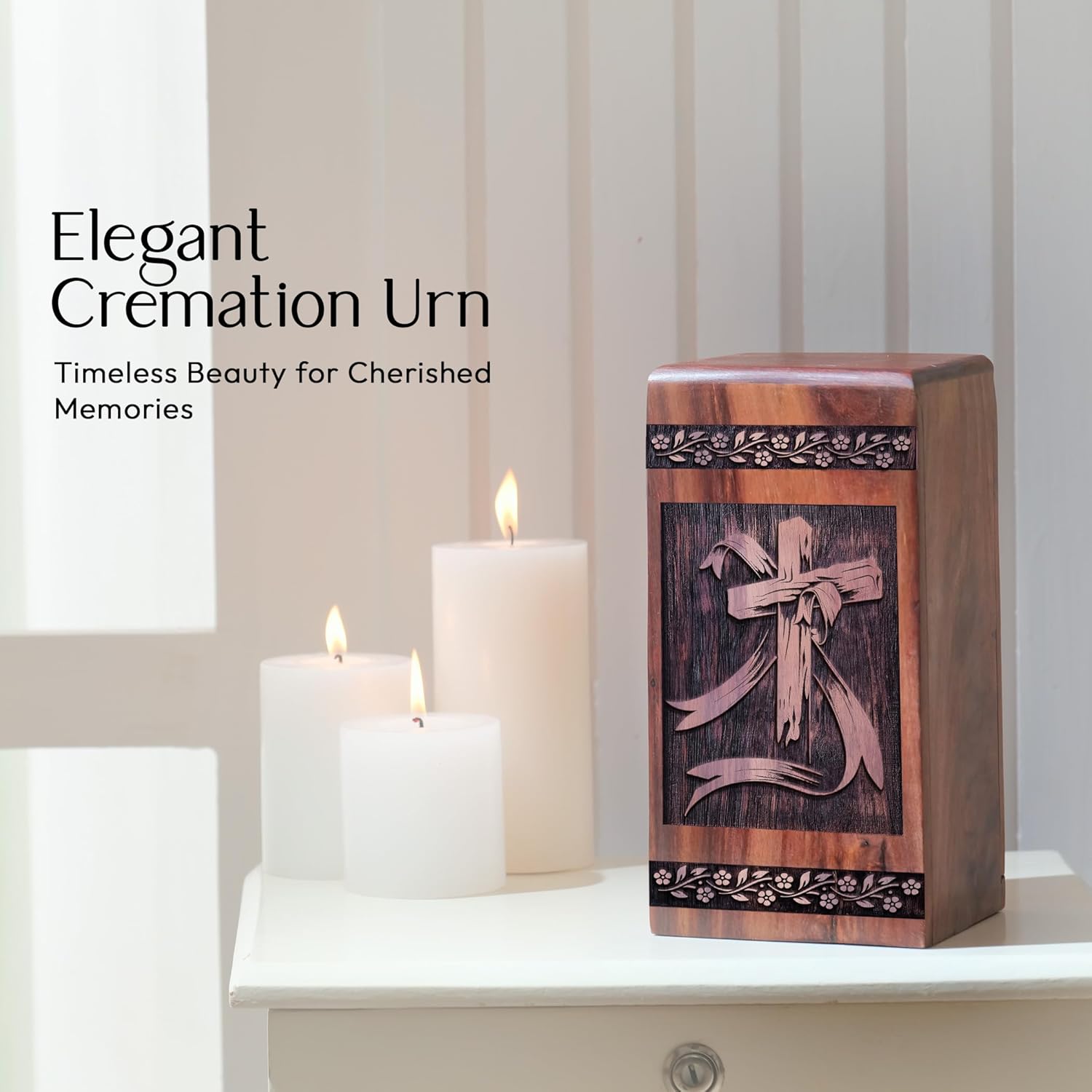 YATHABI Christian Wooden Urn - 1125 Inch Cremation Urn for Adult Ashes