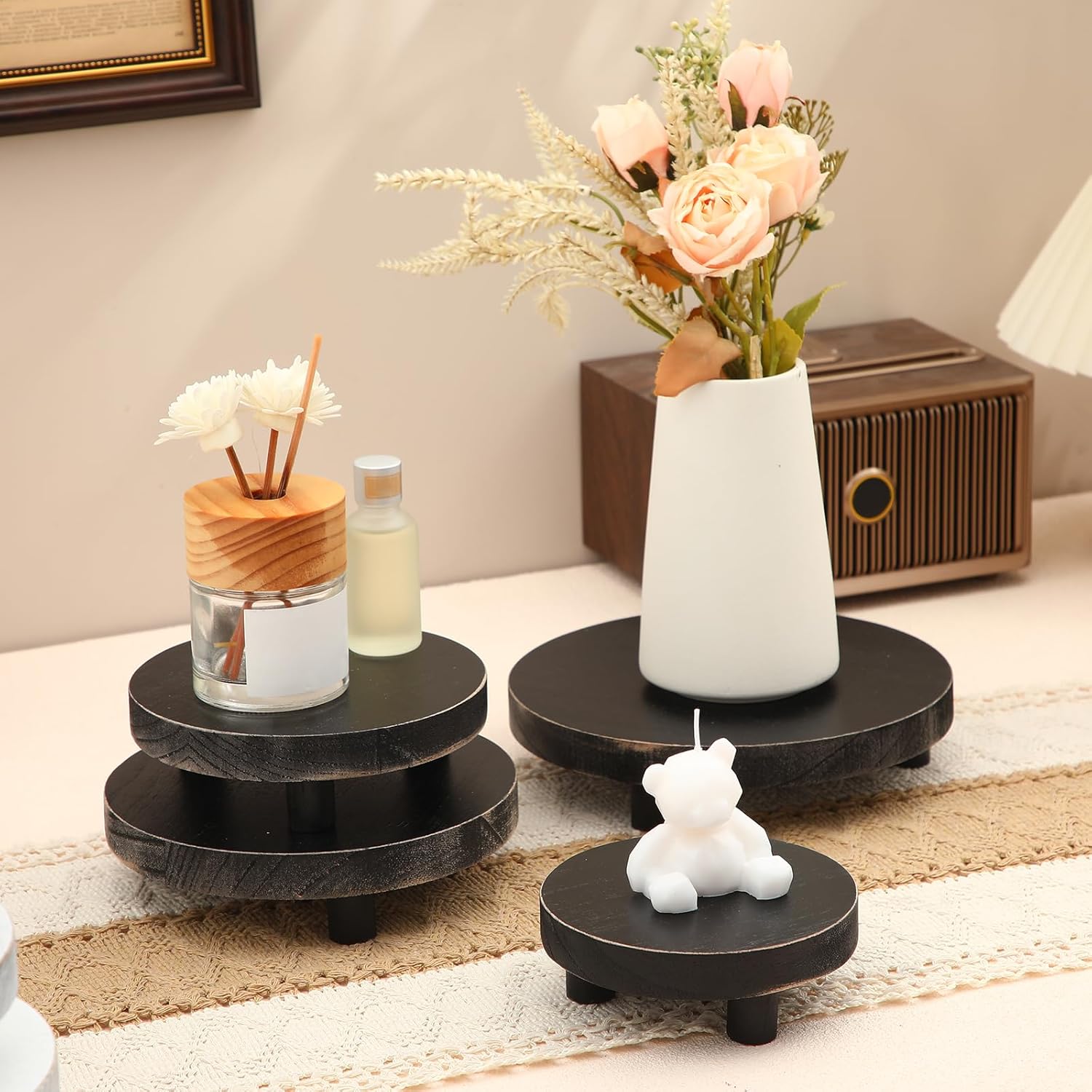 Geetery 4 Pcs Round Wooden Risers for Decor Display
