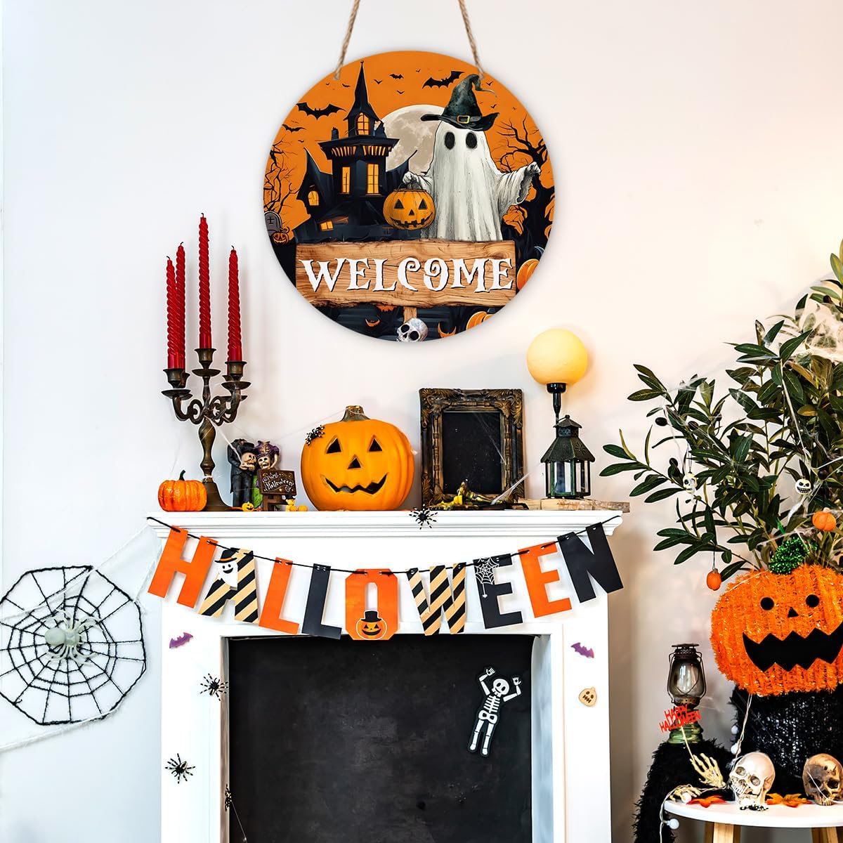 Zyoge Halloween Welcome Sign with Ghost and Pumpkin Design