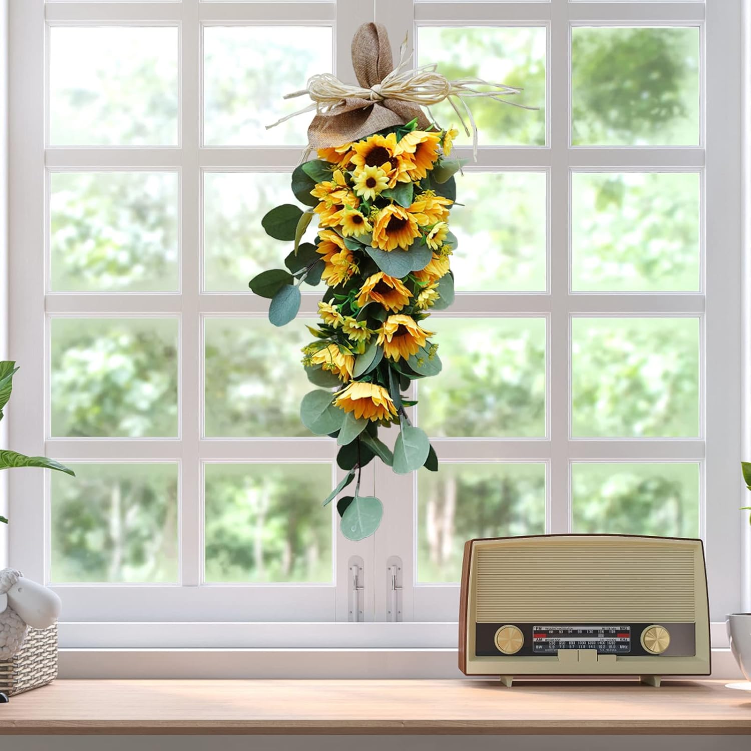 Artificial Sunflower Teardrop Swag for Front Door Decor