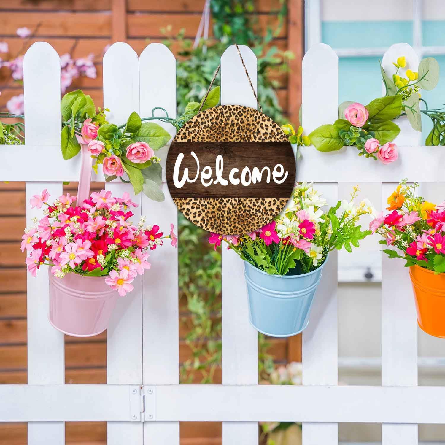 Welcome Leopard Wreath Door Sign 12x12 Inch