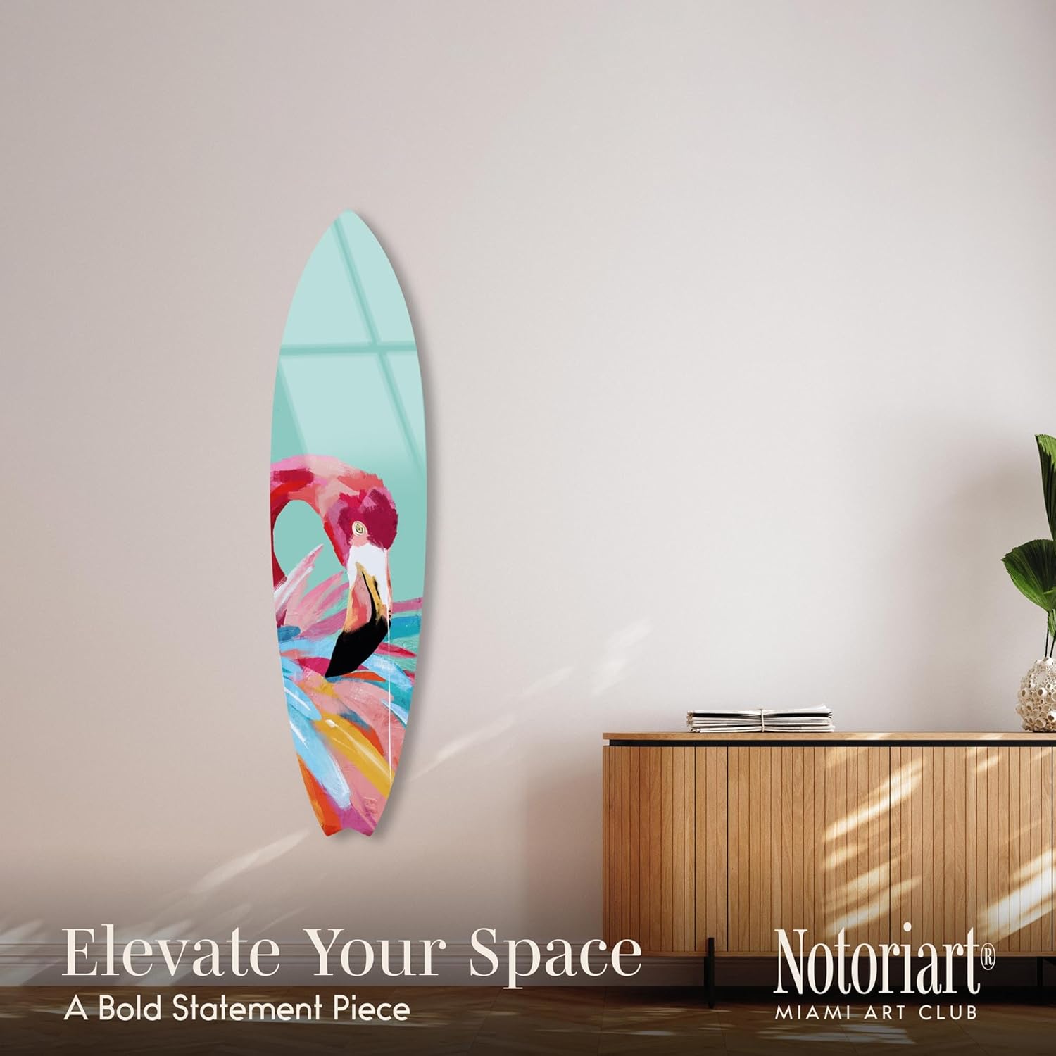 Flamingo in Colors Surfboard Acrylic Wall Art 15x60