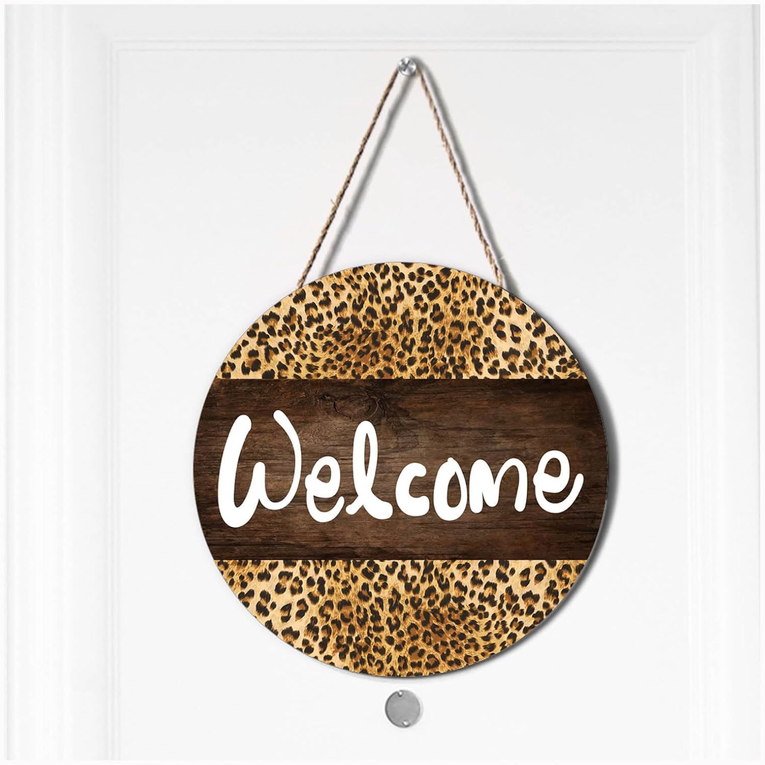 Welcome Leopard Wreath Door Sign 12x12 Inch