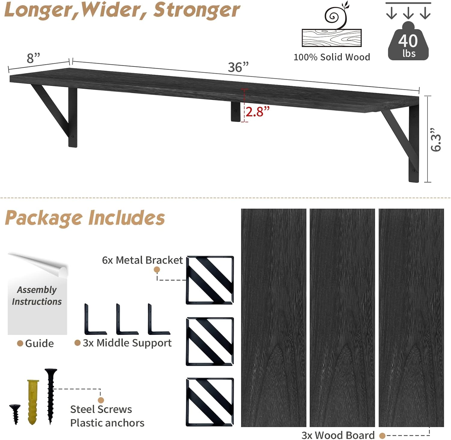 Forbena 36 Inch Floating Shelf Set of 3 Black