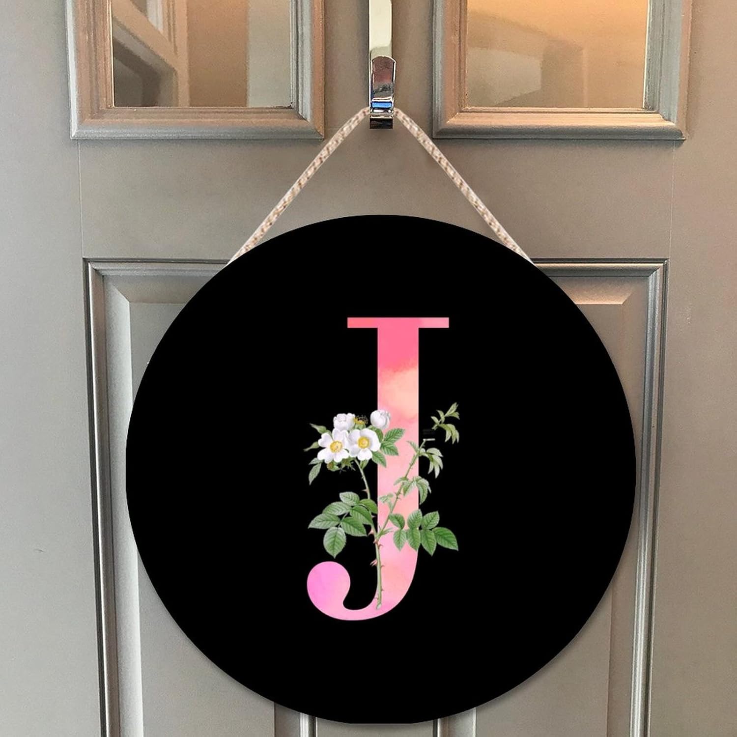 Farmhouse Front Door Hanger with White Flower and Pink Letter J