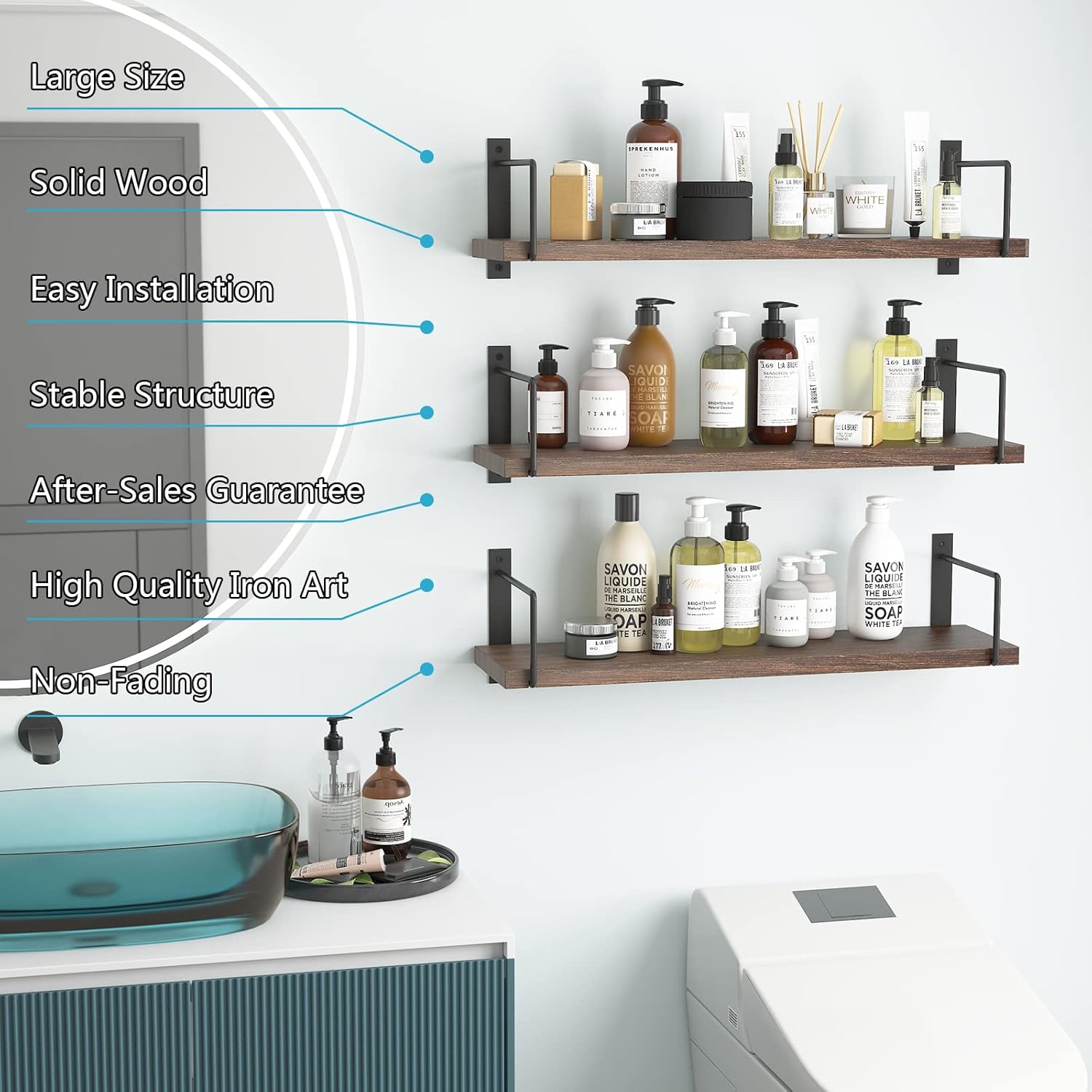 EALLRINEC Floating Shelves Set of 3 Brown Rustic Wood