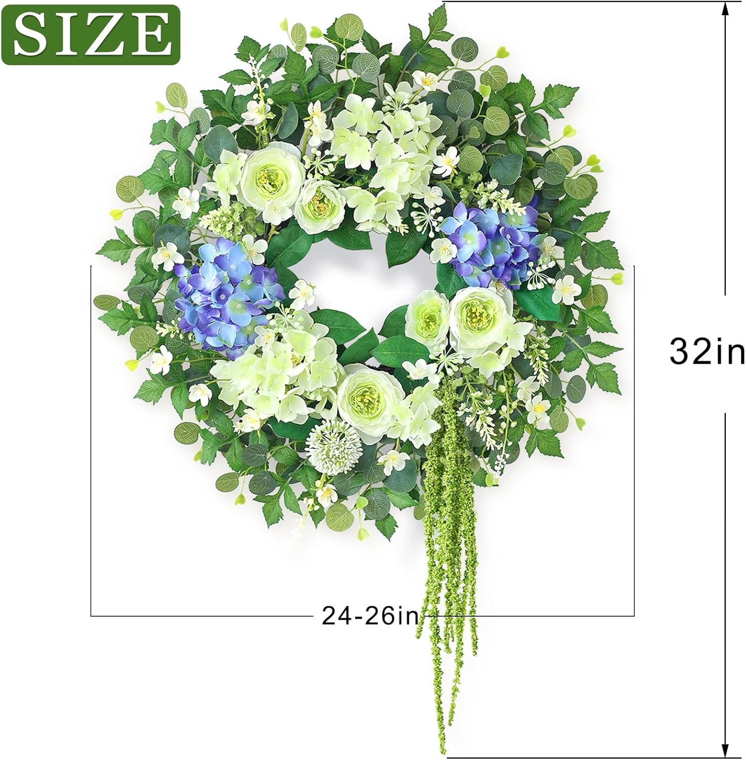 26 Inch Hydrangea Eucalyptus Wreath for Front Door