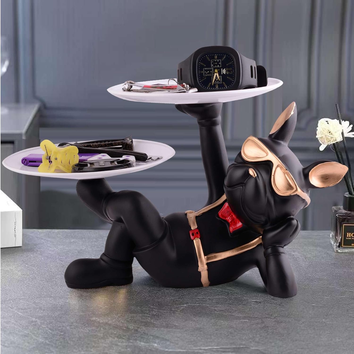 Sivani Cool Dog Sculpture with Plate Home Decor Showpiece