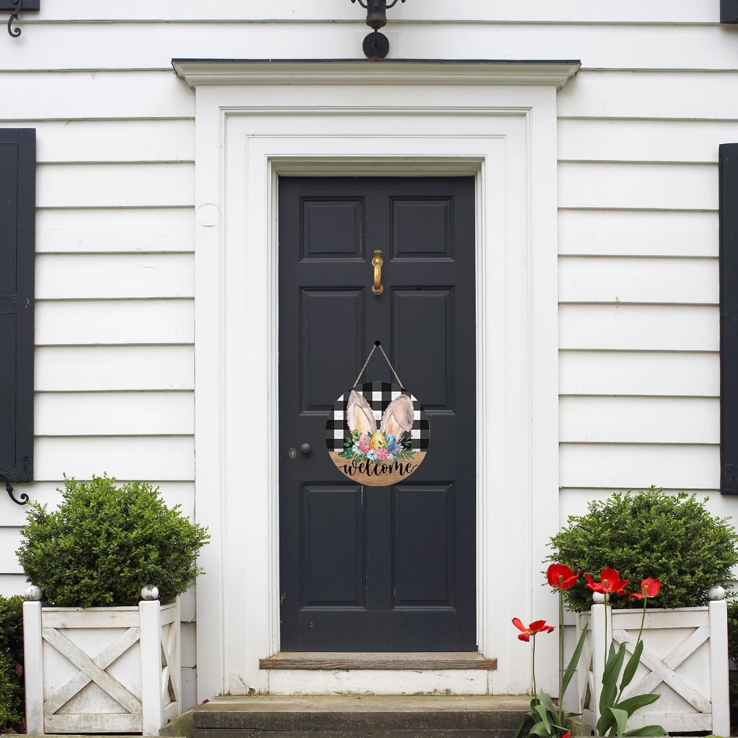 Easter Door Sign with Bunny Ears and Flowers