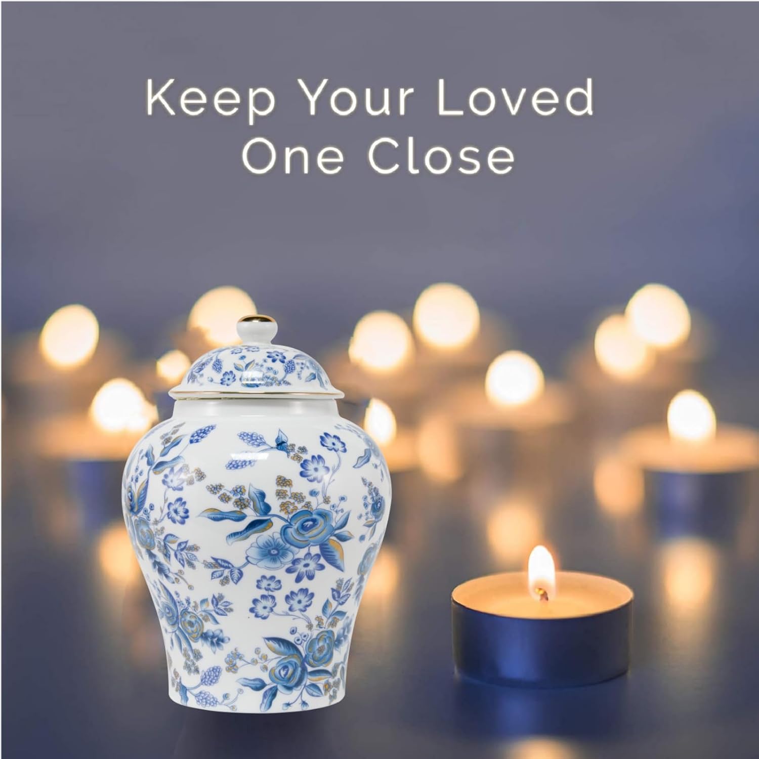 8 Inches Blue Rose Ceramic Urn for Female Keepsake