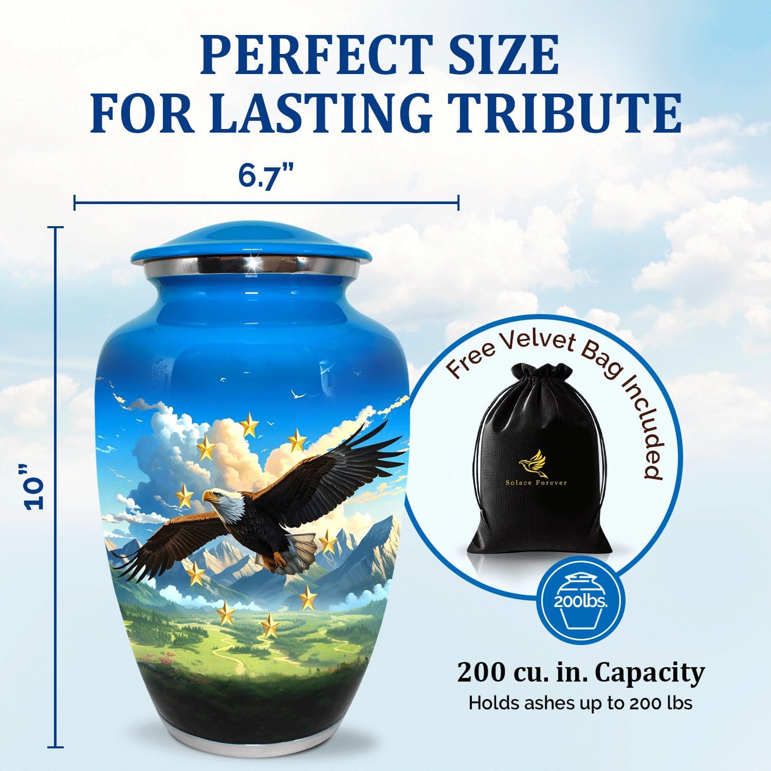 Eagle Flag Cremation Urn for Adult Male - Patriotic Cobalt Blue Large