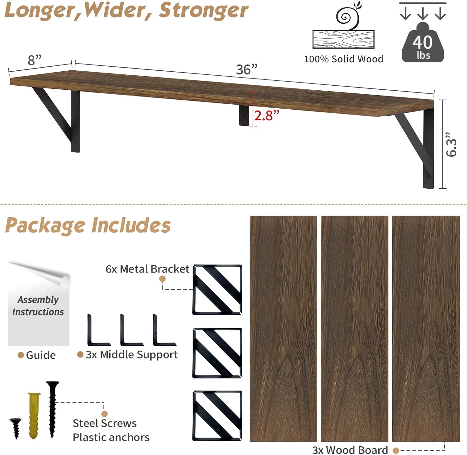Forbena Floating Book Shelves Wall Set of 3 Rustic Brown