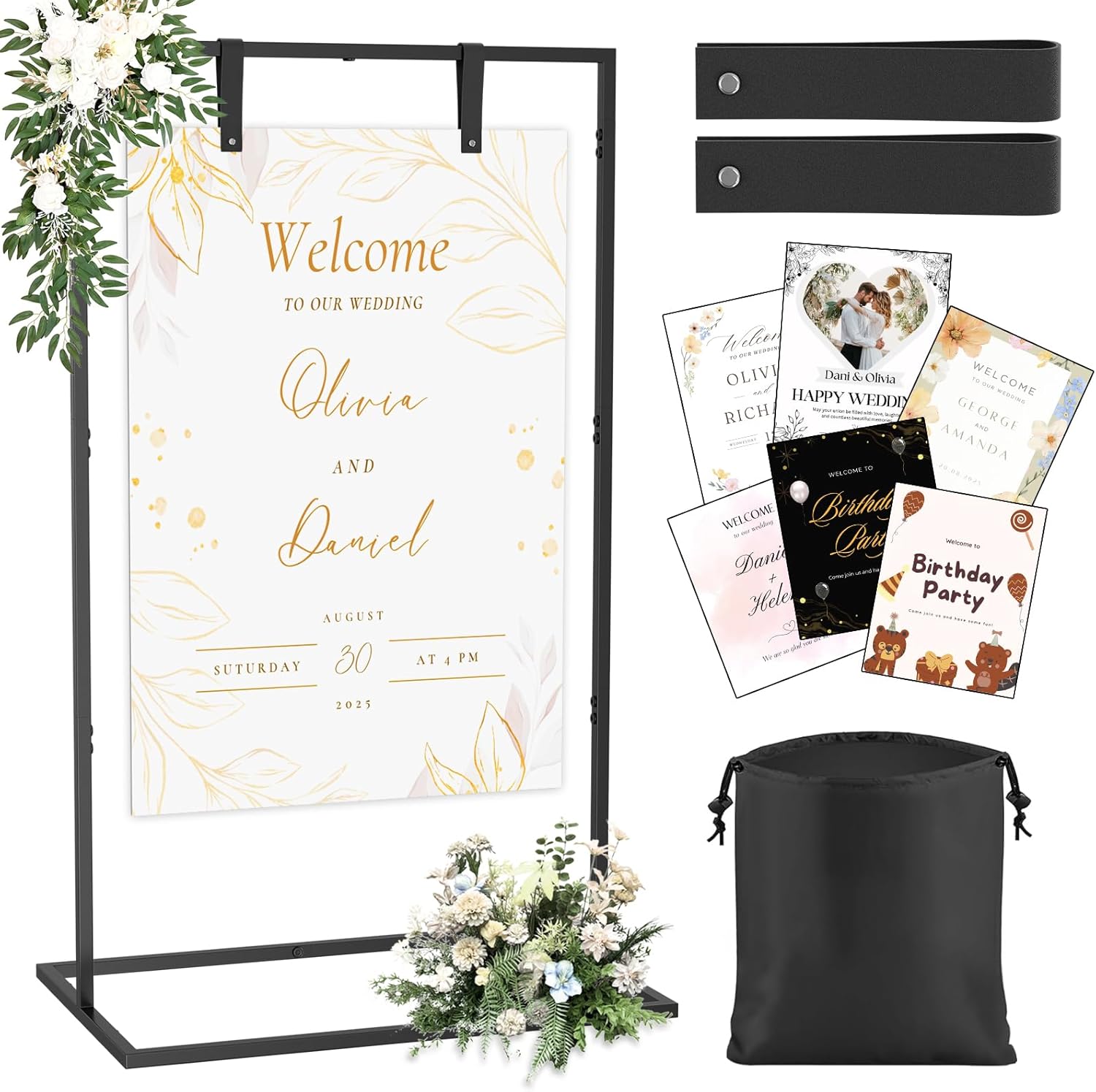 Wedding Welcome Sign Stand with Custom Design and Leather Straps