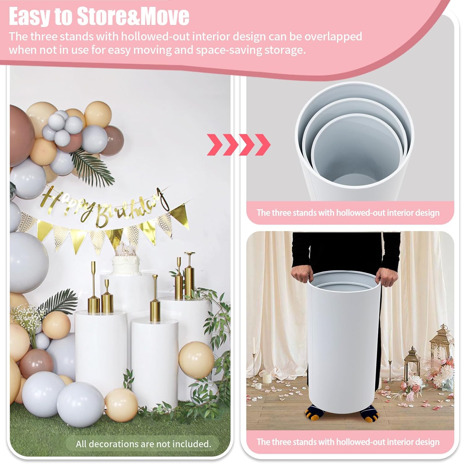 3 Pcs White Round Cylinder Pedestal Stand for Decor