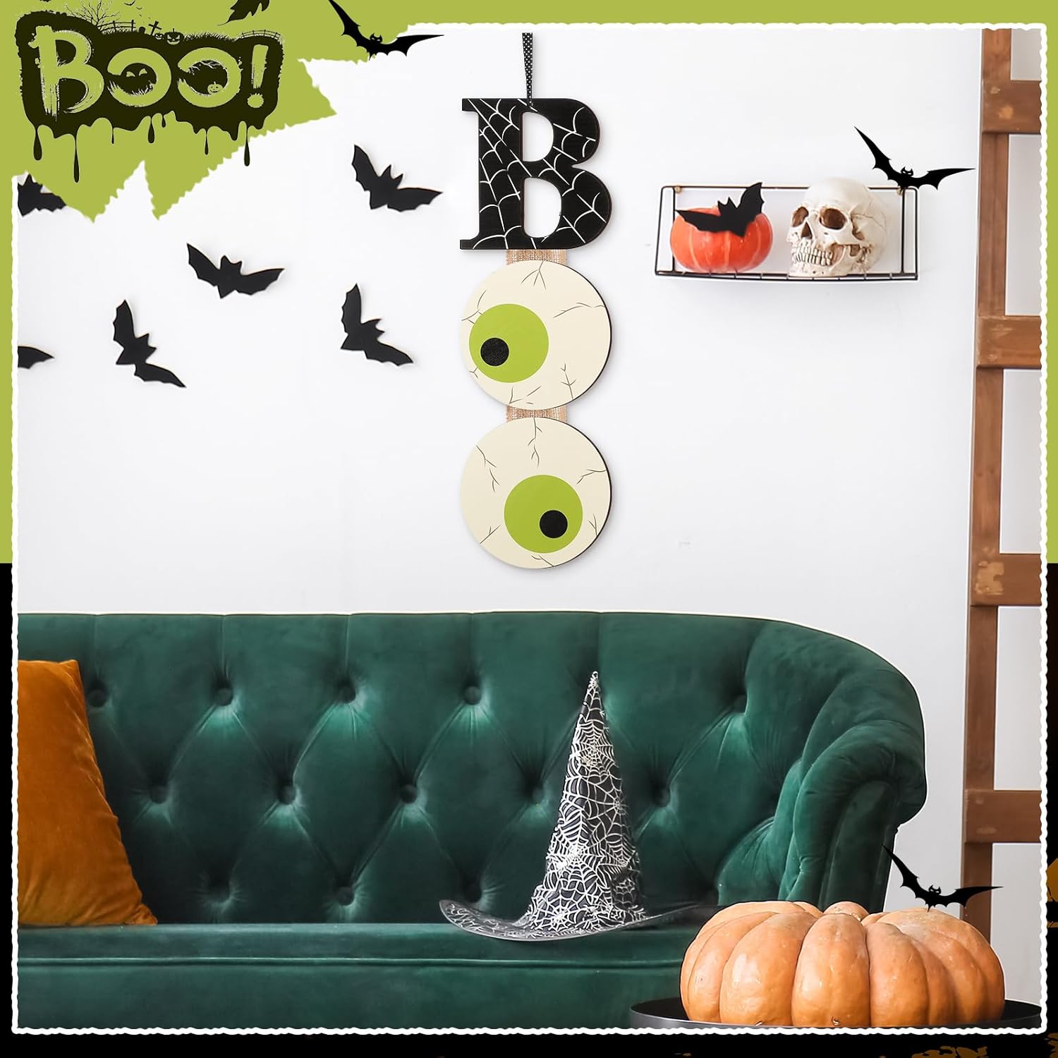 Halloween Boo Door Sign 25x8 Inch Wooden Decor Set