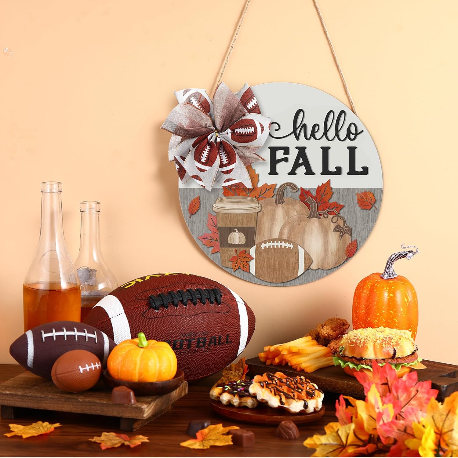 Yousoontic Fall Door Sign with Football Bow
