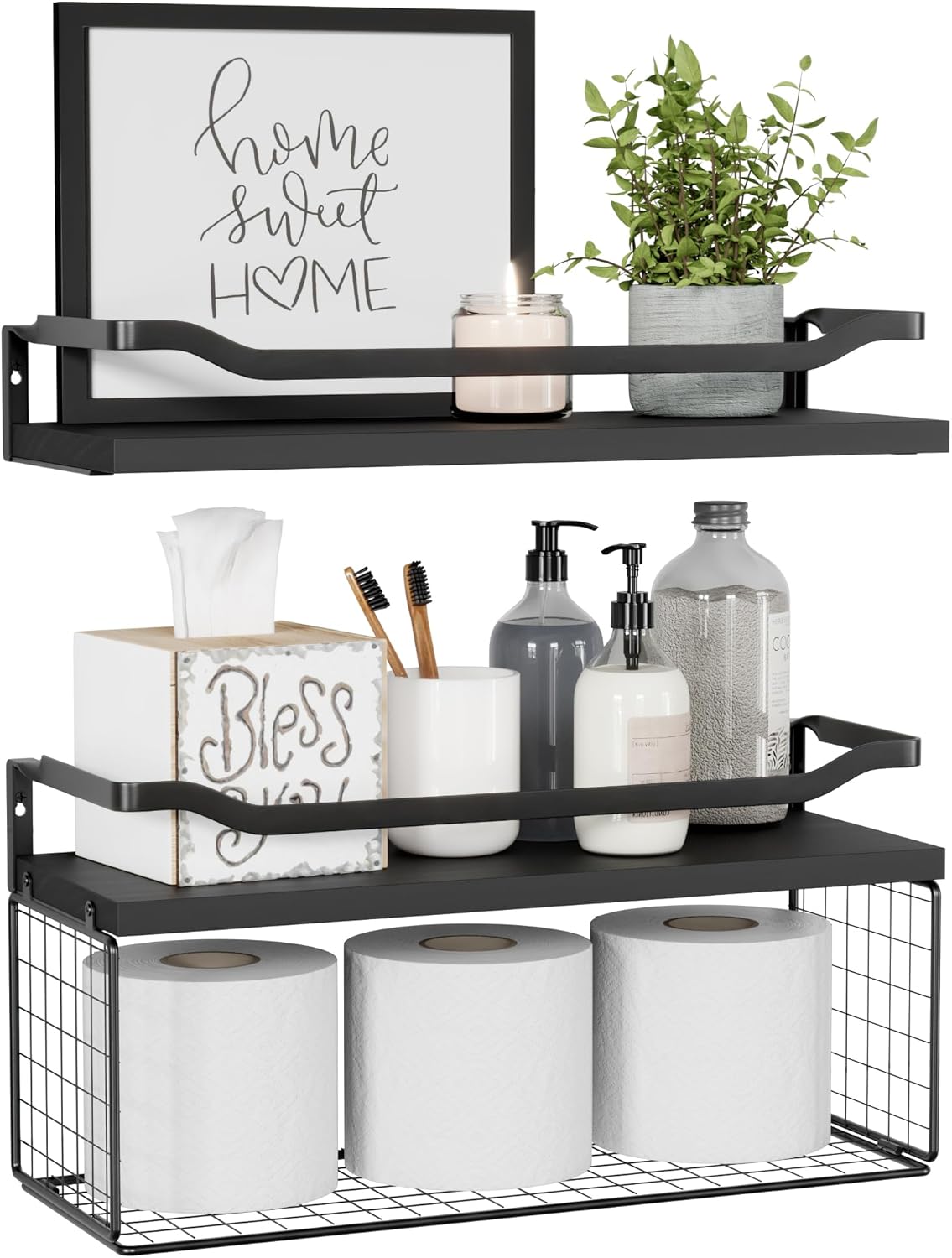 WOPITUES Floating Shelves with Wire Basket and Guardrail