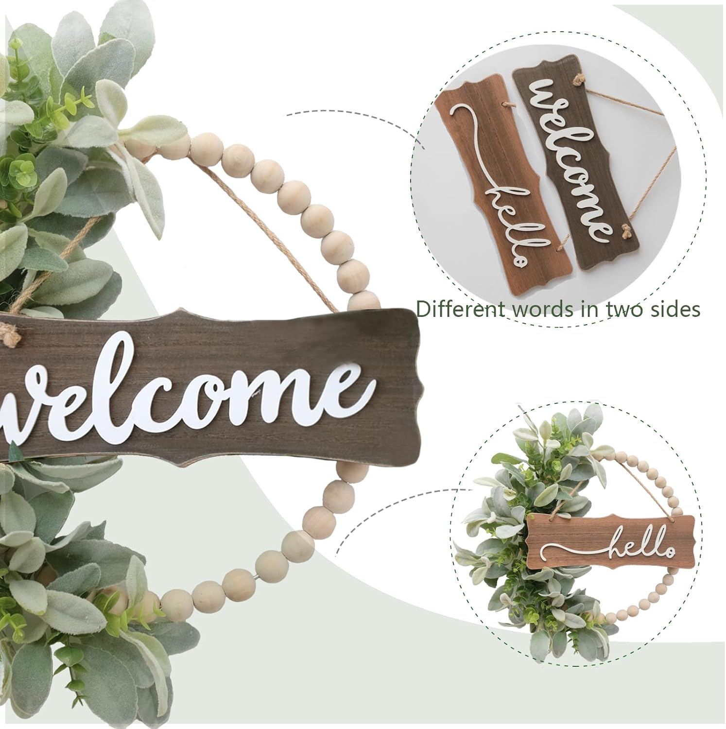 Farmhouse Green Wreath with Wood Beads and Artificial Leaves