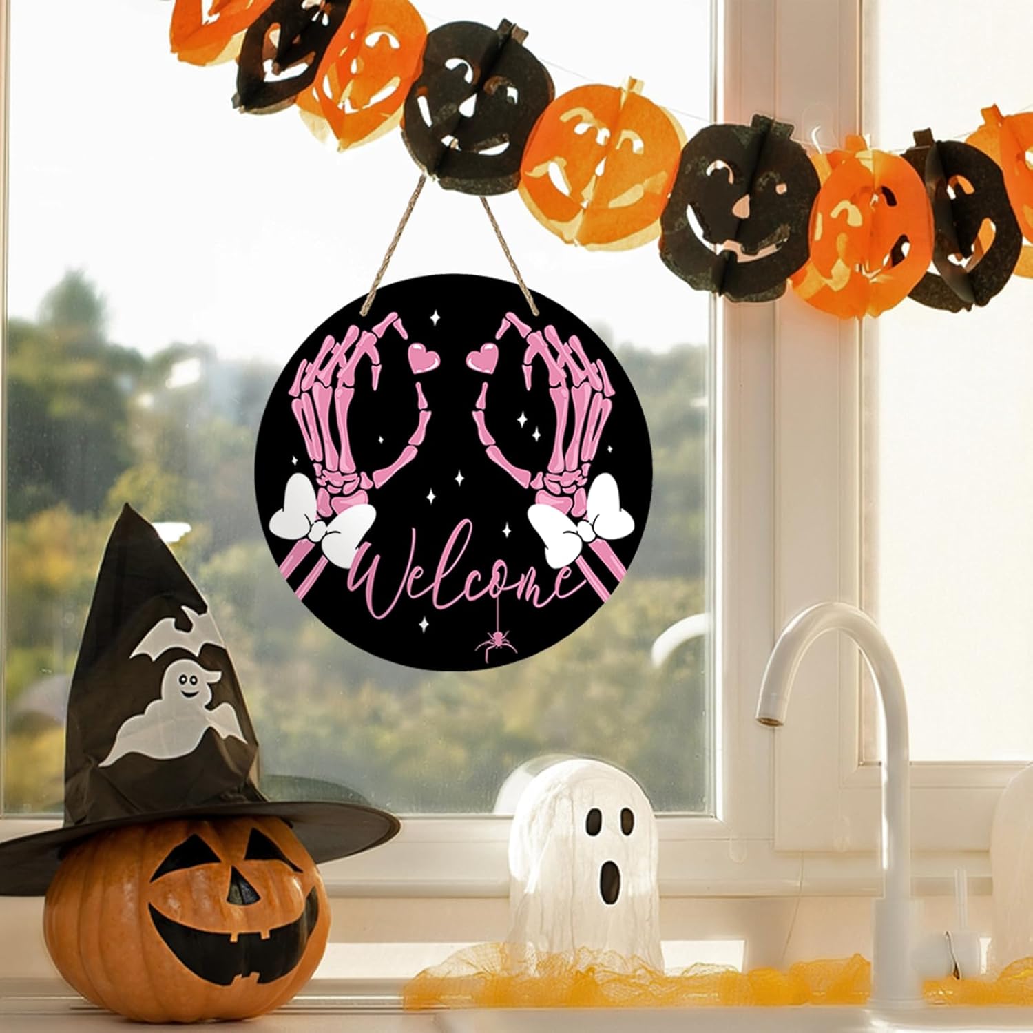 Welcome Halloween Gothic Pink Skeleton Hands Front Door Sign