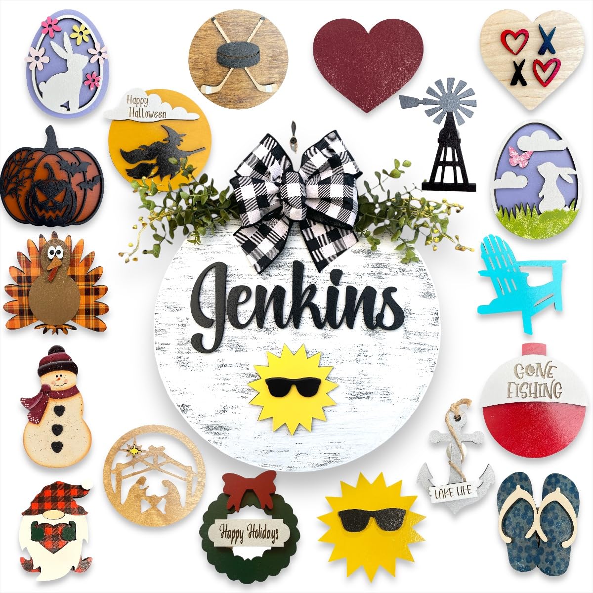 Custom Interchangeable Door Hanger Wreath Welcome Bow Sign 14 Round
