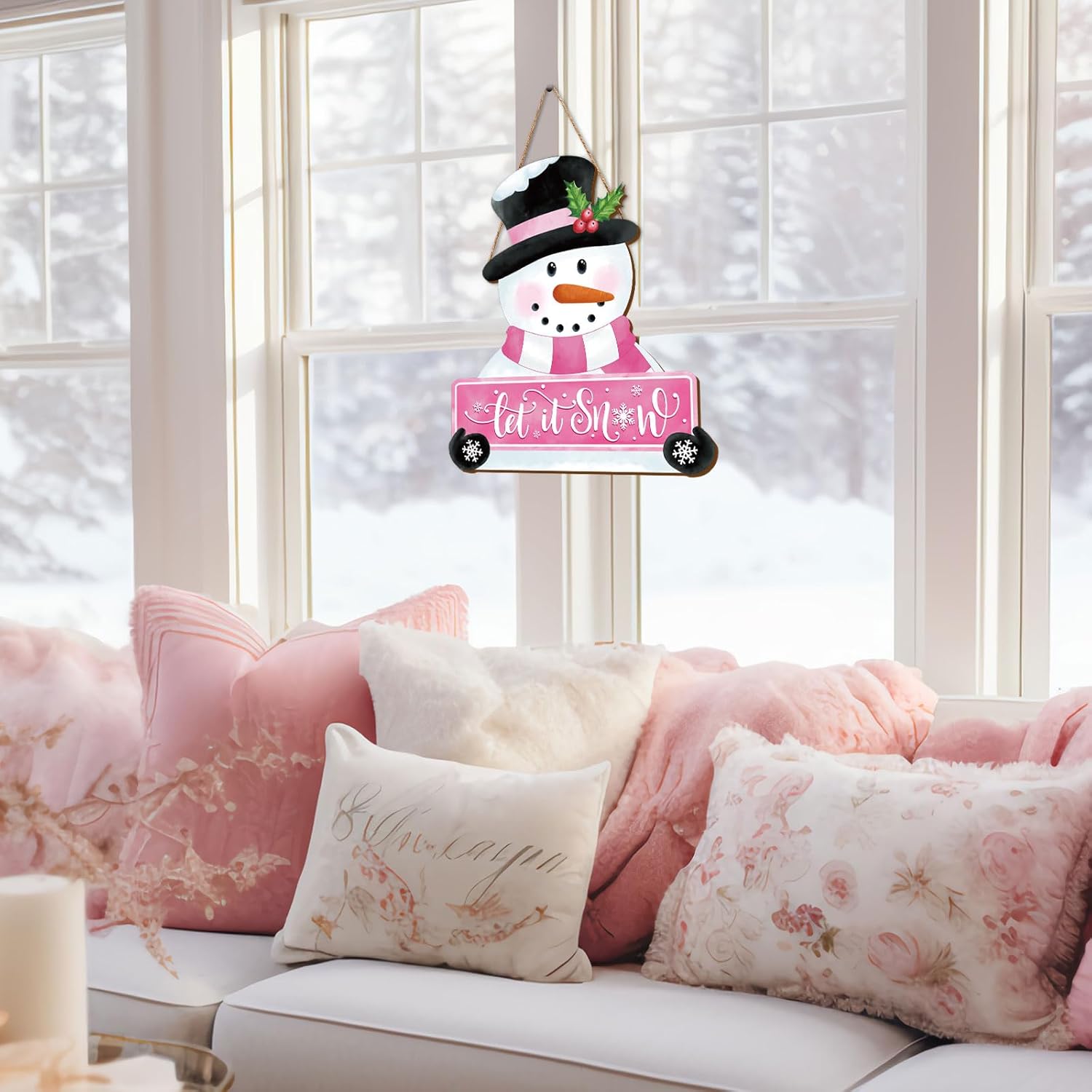 Whaline Pink Snowman Wooden Door Hanger Sign