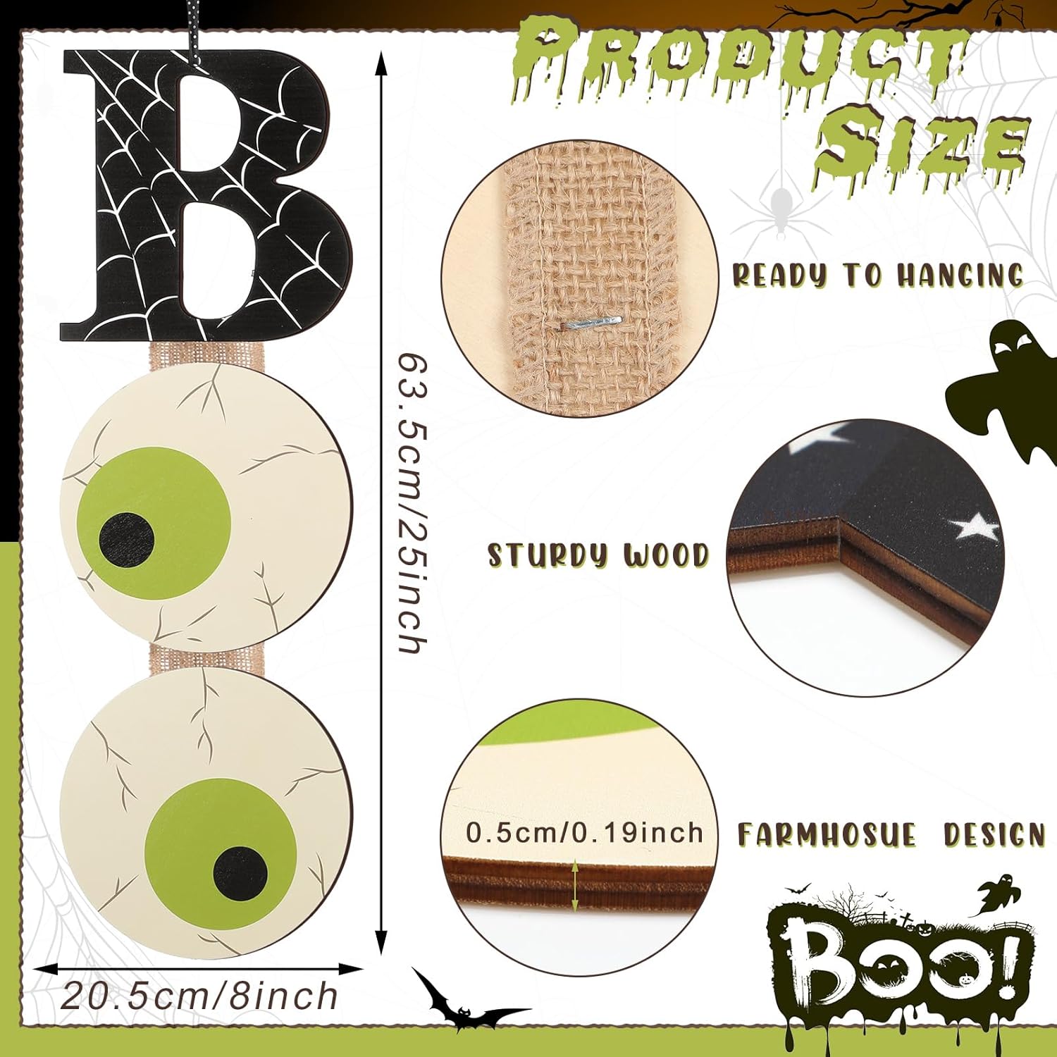Halloween Boo Door Sign 25x8 Inch Wooden Decor Set