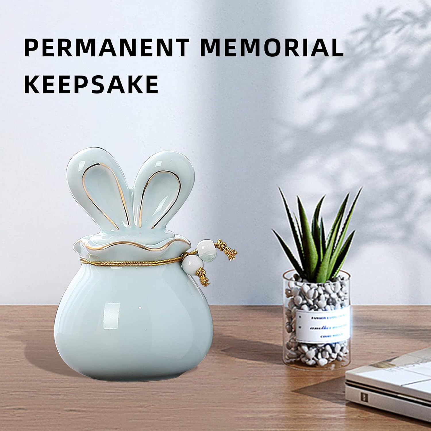 Antescort Ceramic Pet Ash Urn with Rabbit Ear Design Blue
