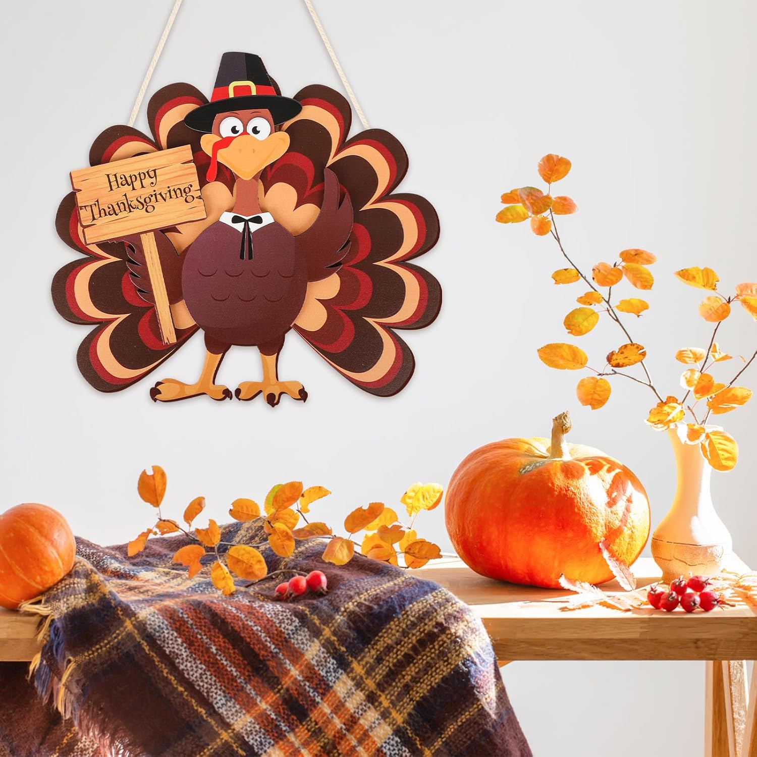 COCHIE Thanksgiving Turkey Wooden Wreath Sign for Front Door