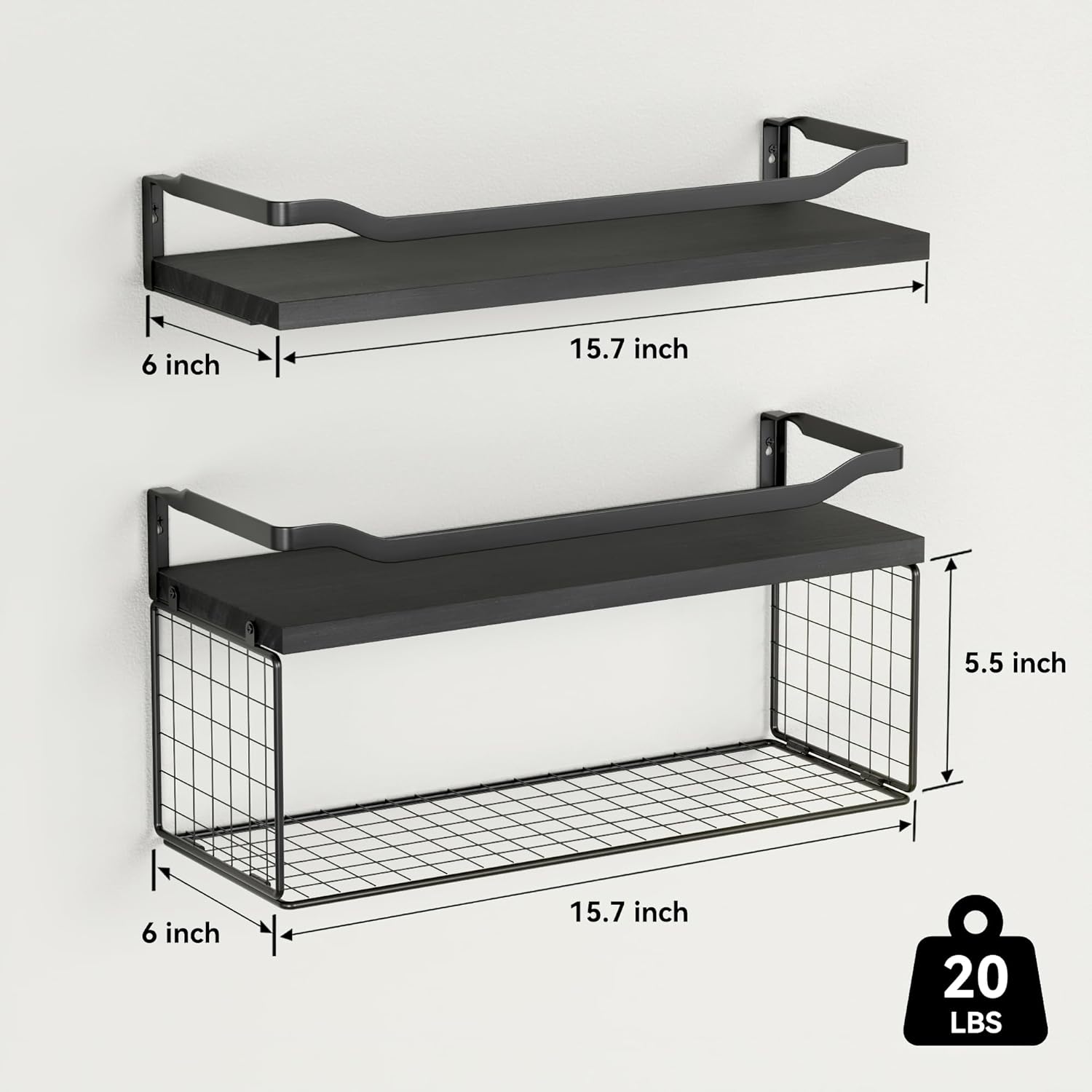 WOPITUES Floating Shelves with Wire Basket and Guardrail
