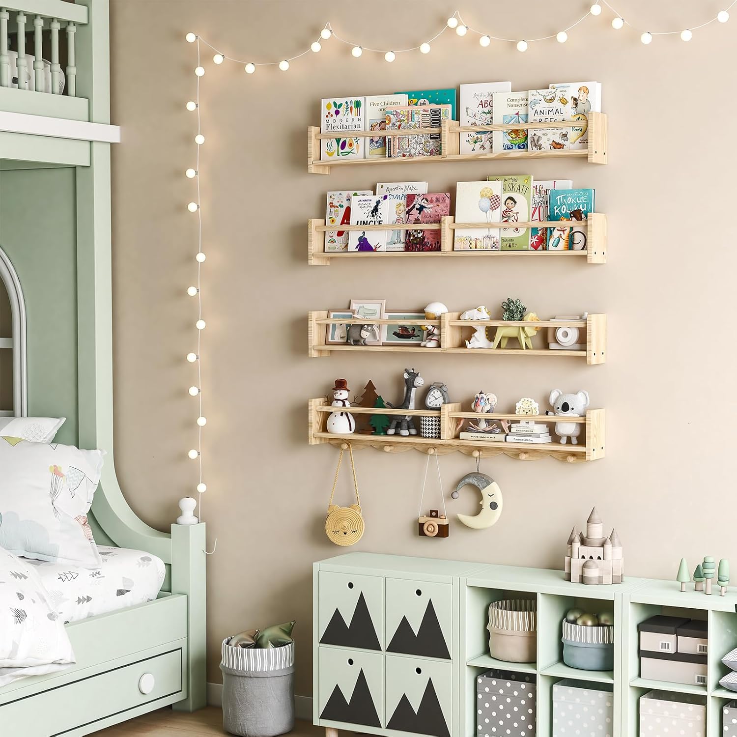 34 Inch Wall Floating Bookshelf Set of 4 with Hooks