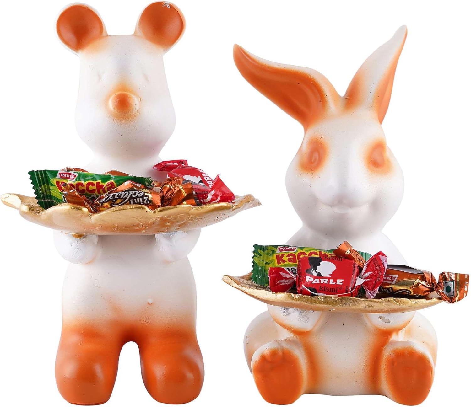 Set of Two White Resin Rabbit Decorative Statues