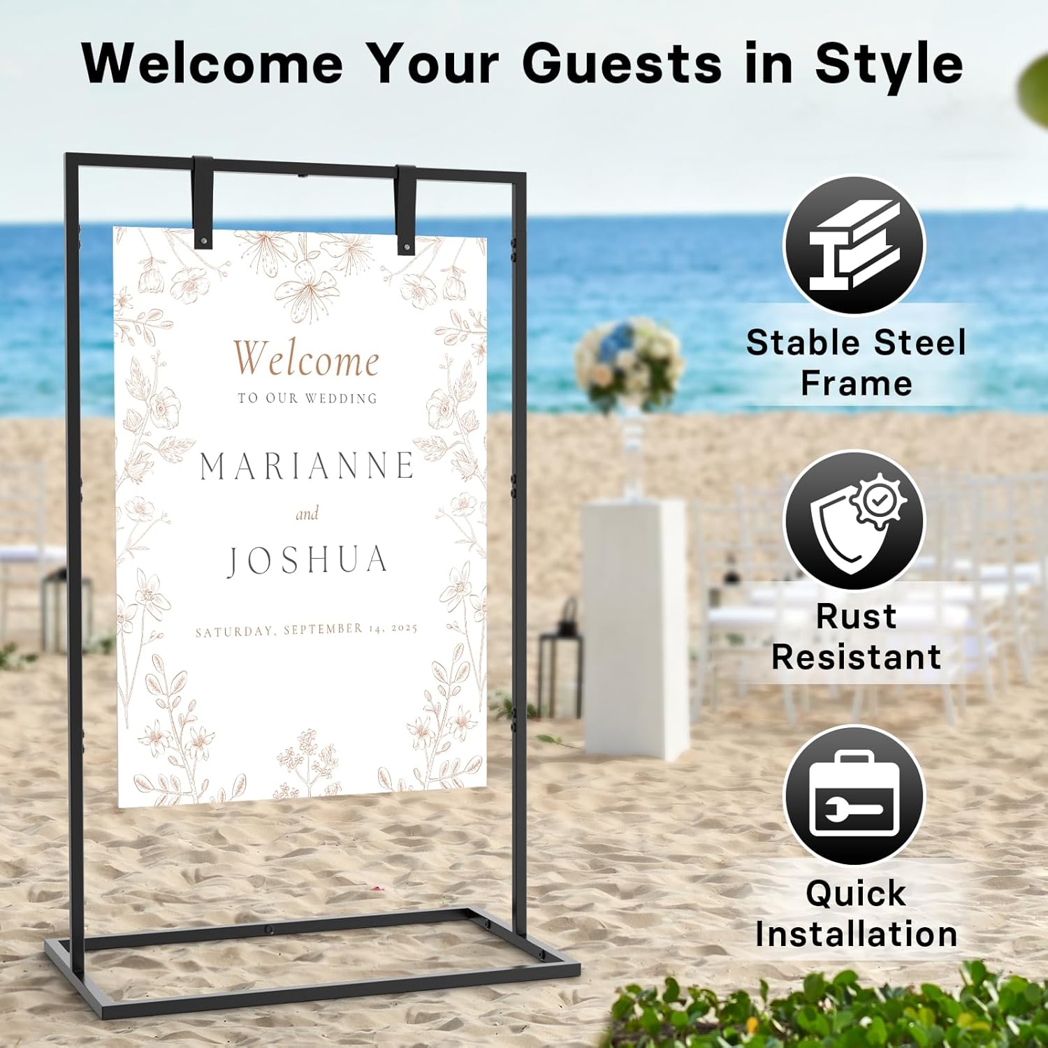 Wedding Welcome Sign Stand with Custom Design and Leather Straps