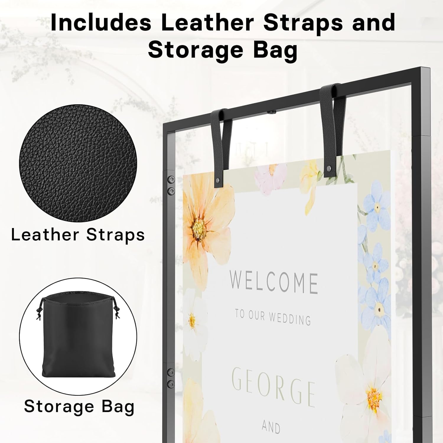 Wedding Welcome Sign Stand with Custom Design and Leather Straps