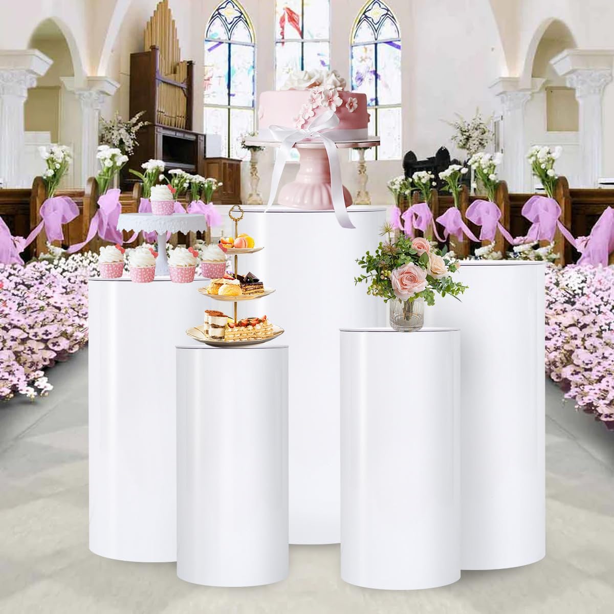 Vincidern 5PCS White Cylinder Pedestal Stand for Events
