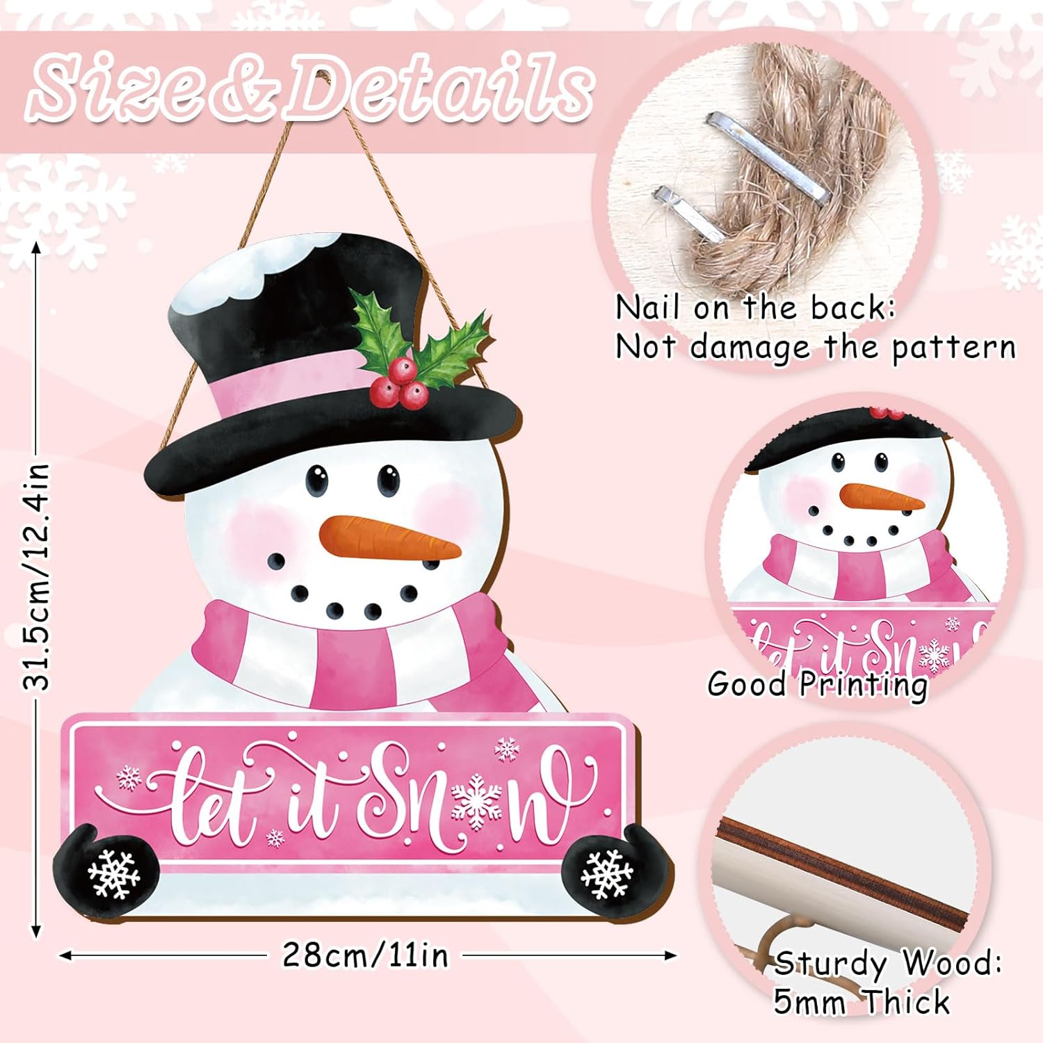 Whaline Pink Snowman Wooden Door Hanger Sign